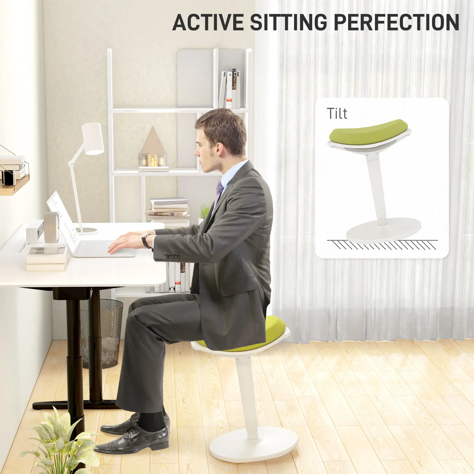 Standing Desk Stool, Ergonomic Wobble Chair, Adjustable Leaning Stool for Office Desks, with Rocking Motion, Green - Image 4