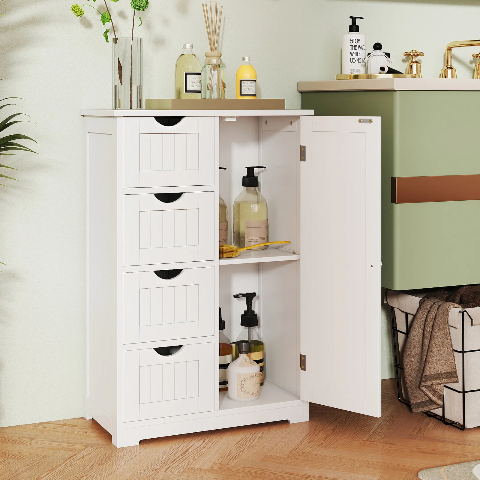Standing Indoor Wooden Cabinet with 4 Drawers, White - Image 2