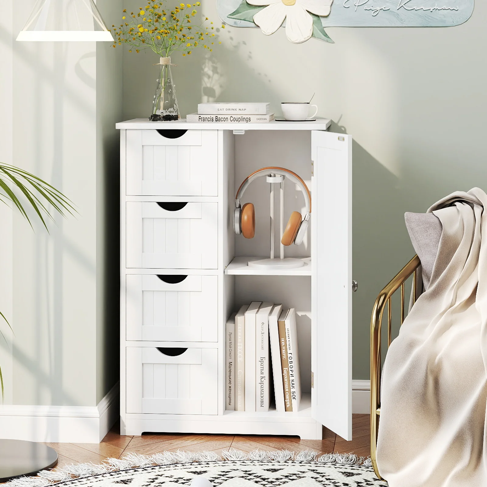 Standing Indoor Wooden Cabinet with 4 Drawers, White - Image 3