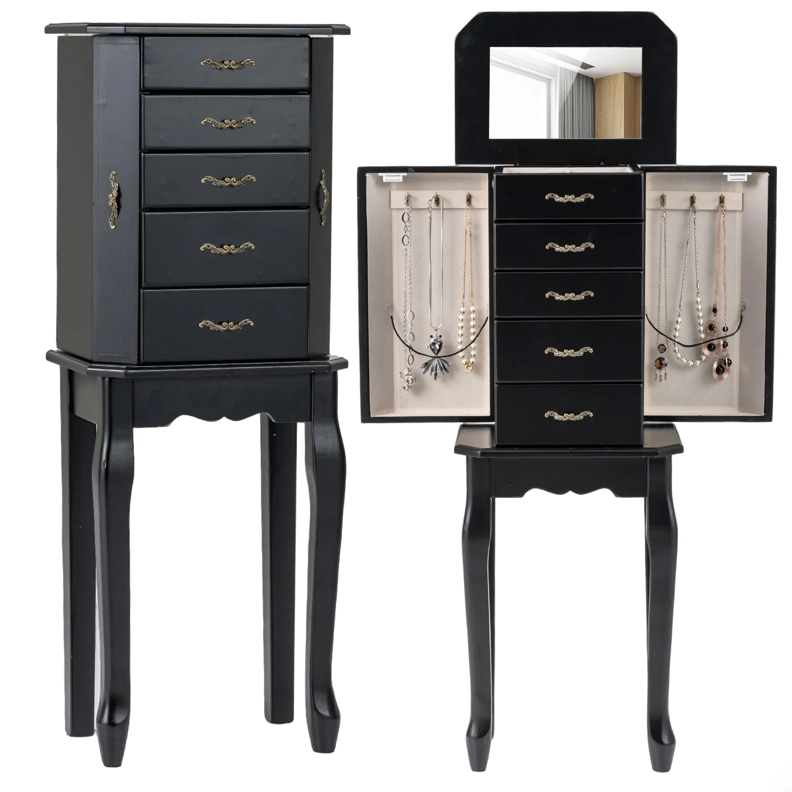 Standing Jewelry Box with 4 Drawers and 2 Side Doors, Black - Image 4