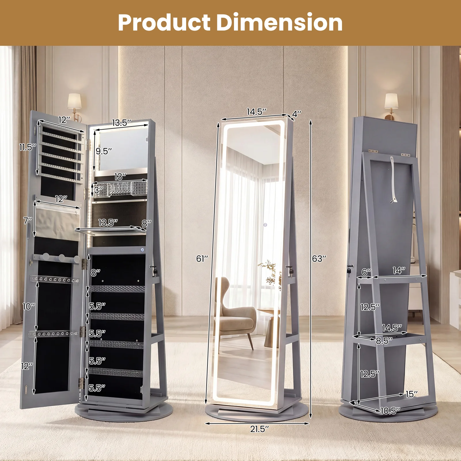 Standing Jewelry Cabinet, Adjustable LED Lights, Gray - Image 4
