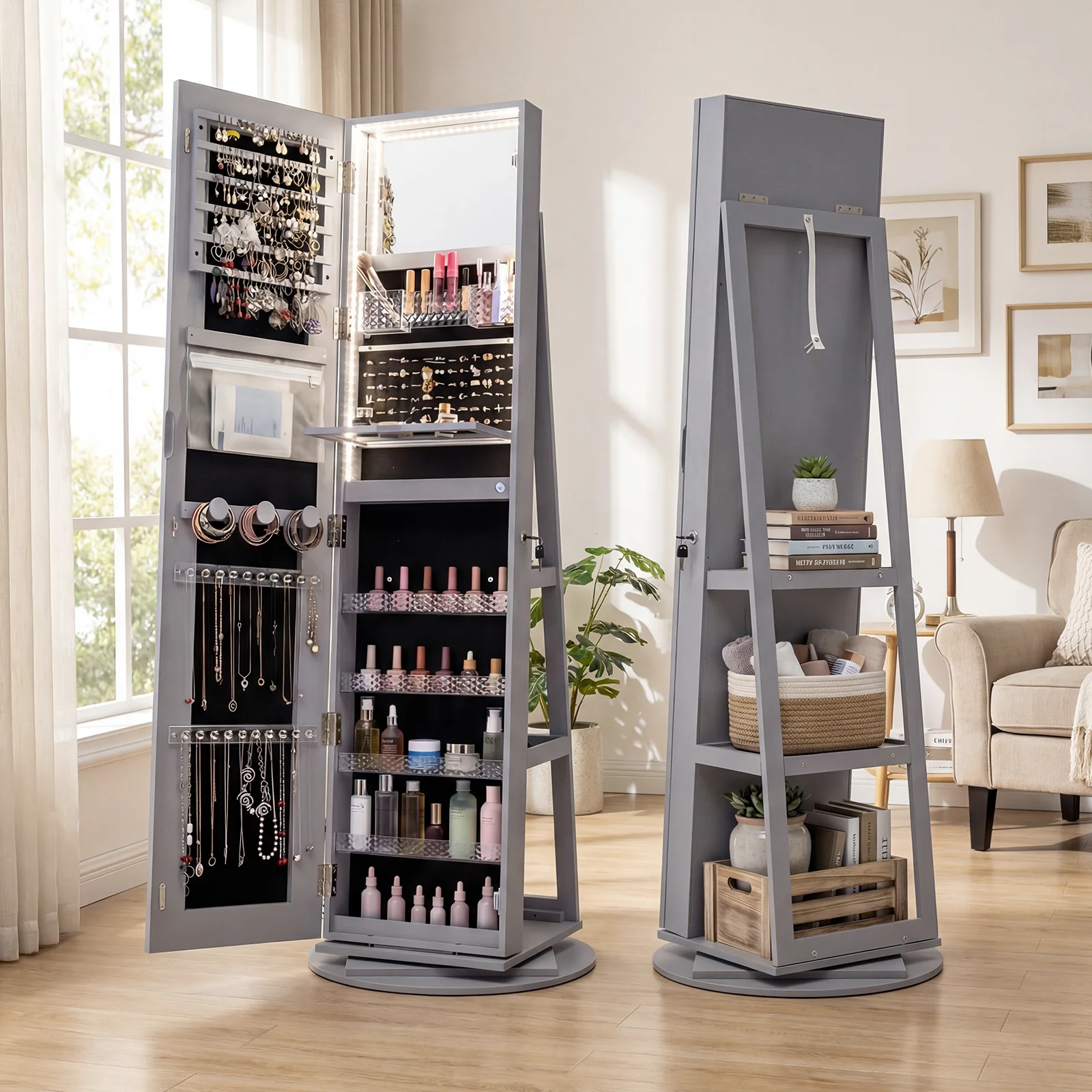 Standing Jewelry Cabinet, Adjustable LED Lights, Gray - Image 6