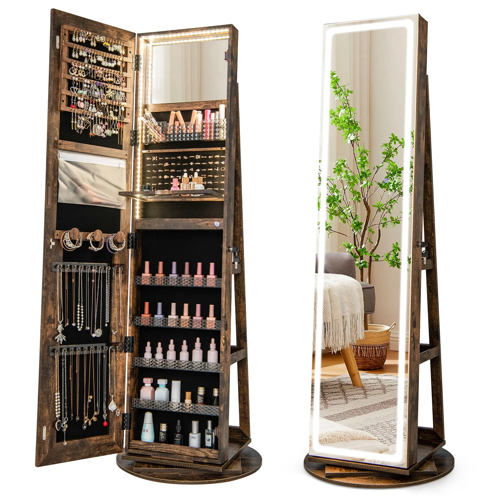 Standing Jewelry Cabinet With Adjustable LED Lights, Coffee