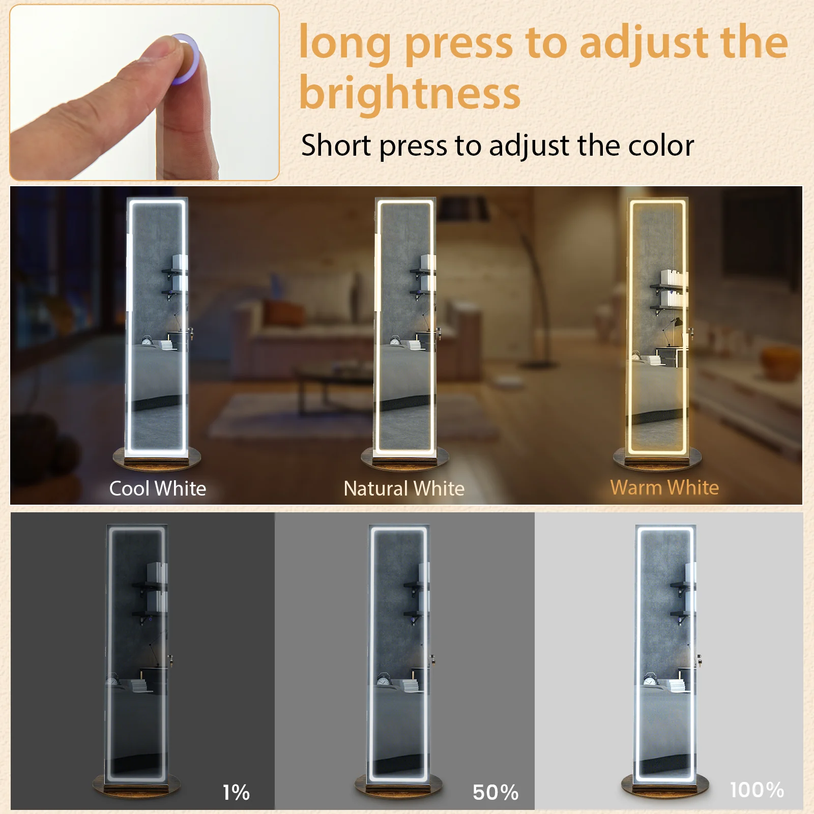 Standing Jewelry Cabinet With Adjustable LED Lights, Coffee - Image 10