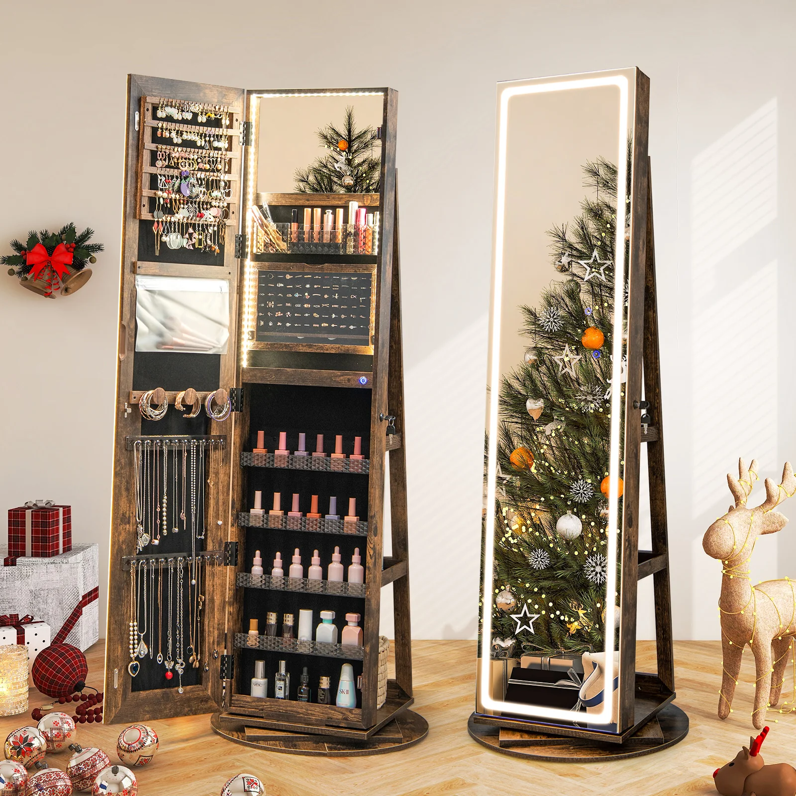 Standing Jewelry Cabinet With Adjustable LED Lights, Coffee - Image 2