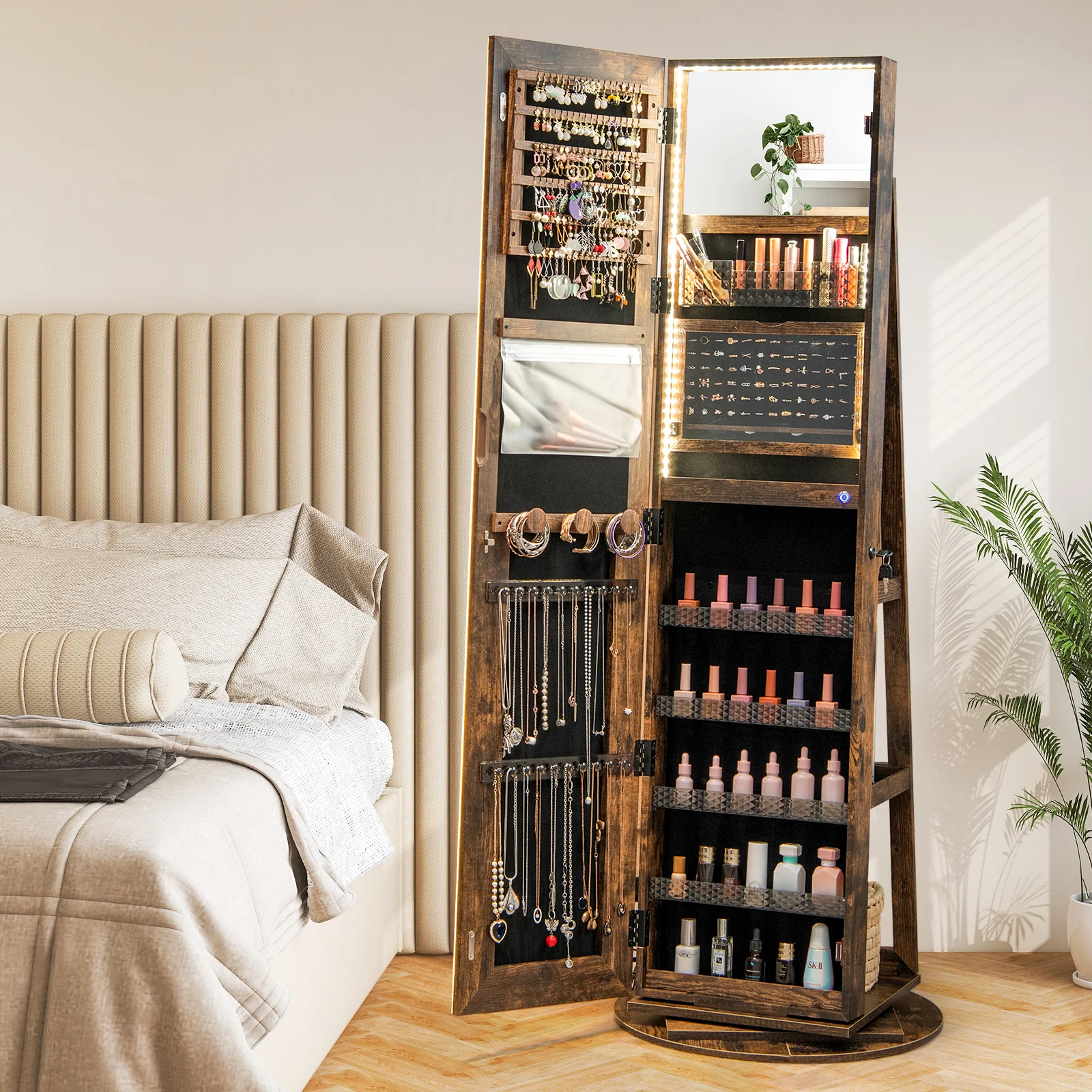 Standing Jewelry Cabinet With Adjustable LED Lights, Coffee - Image 3