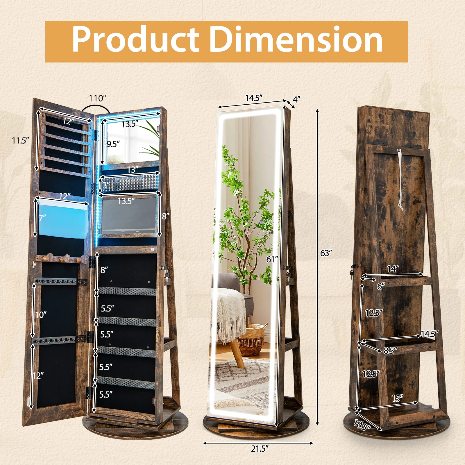 Standing Jewelry Cabinet With Adjustable LED Lights, Coffee - Image 6