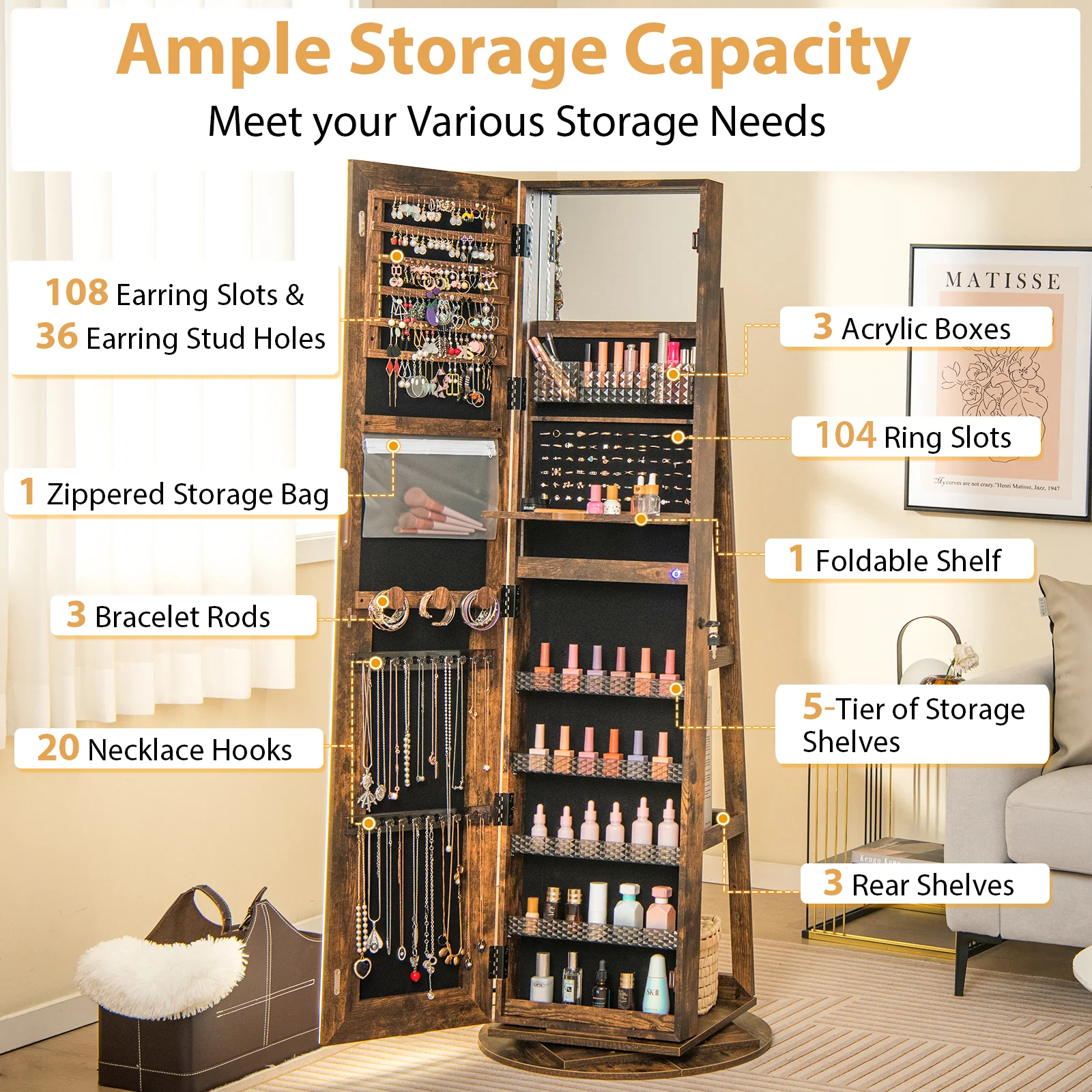 Standing Jewelry Cabinet With Adjustable LED Lights, Coffee - Image 7