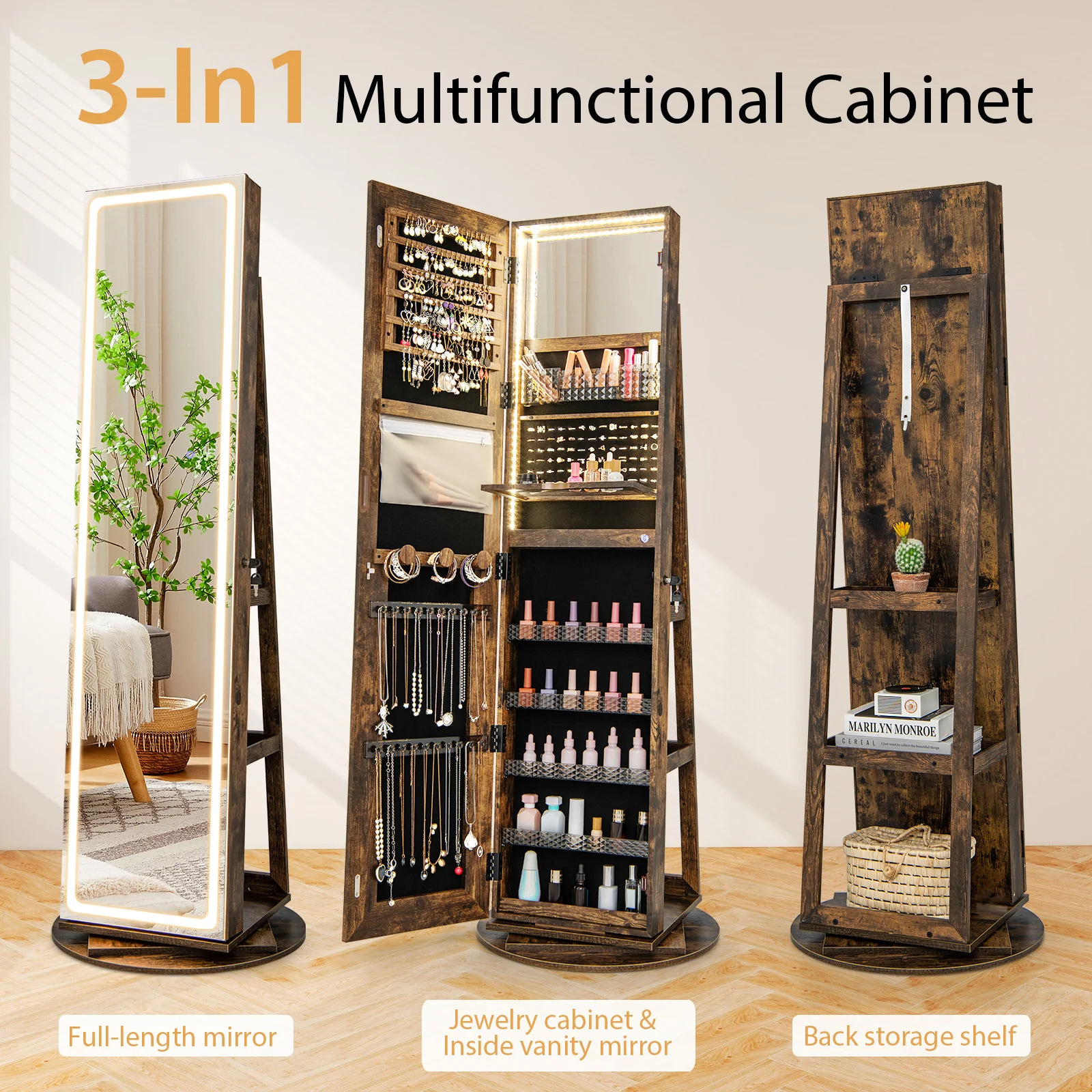 Standing Jewelry Cabinet With Adjustable LED Lights, Coffee - Image 8