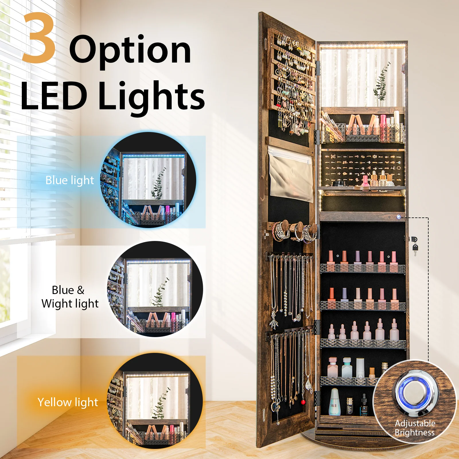 Standing Jewelry Cabinet With Adjustable LED Lights, Coffee - Image 9