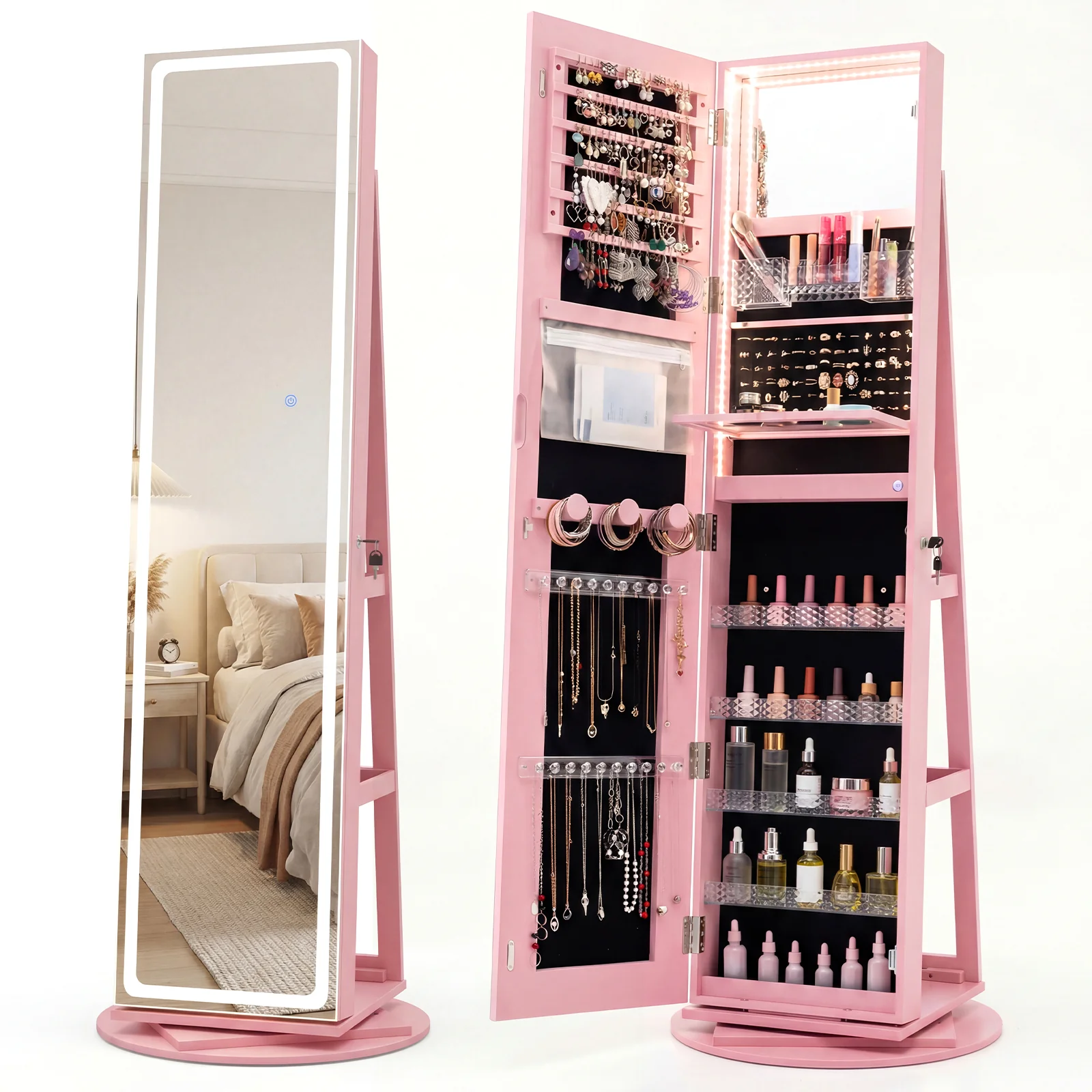 Standing Jewelry Cabinet With Adjustable LED Lights, Pink