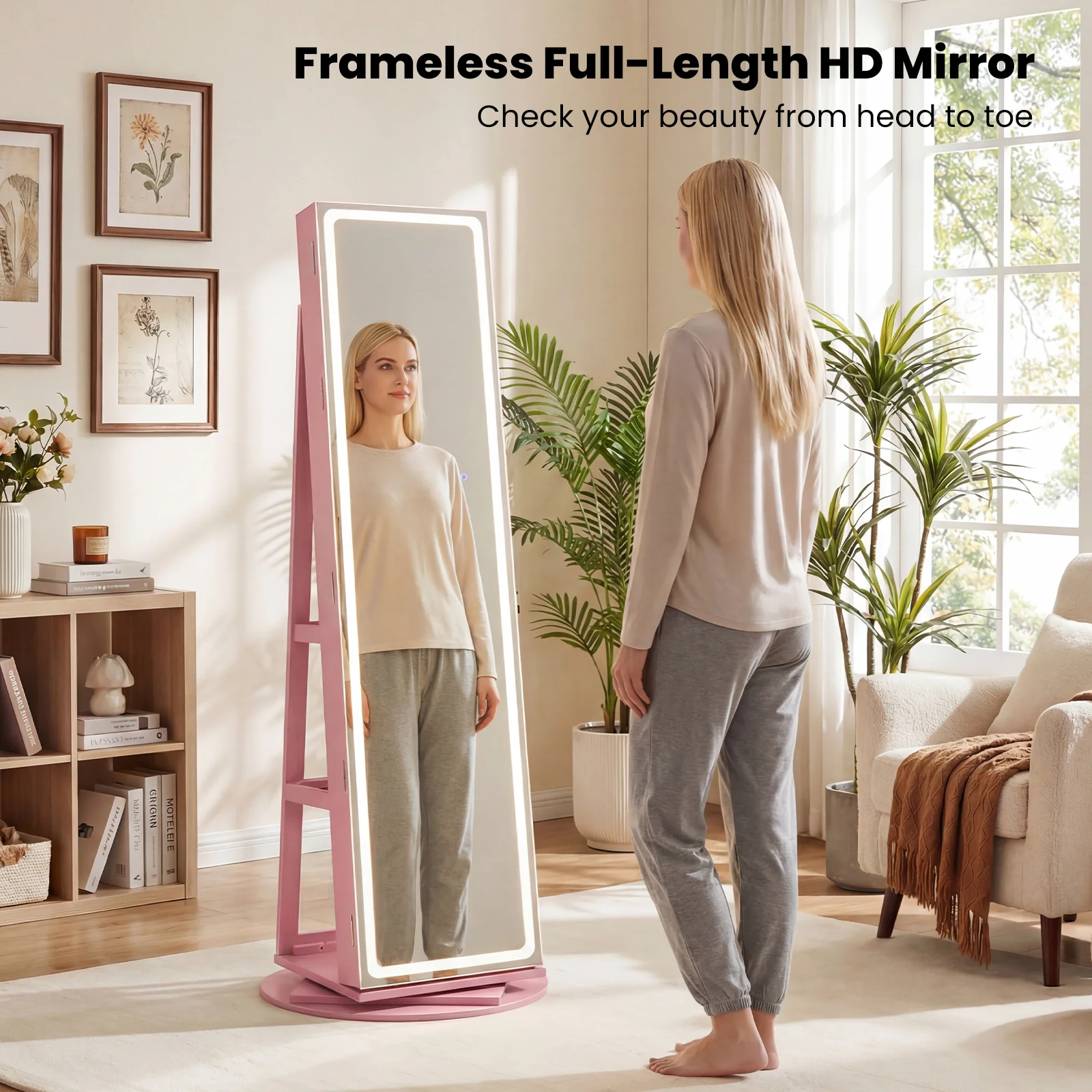 Standing Jewelry Cabinet With Adjustable LED Lights, Pink - Image 6