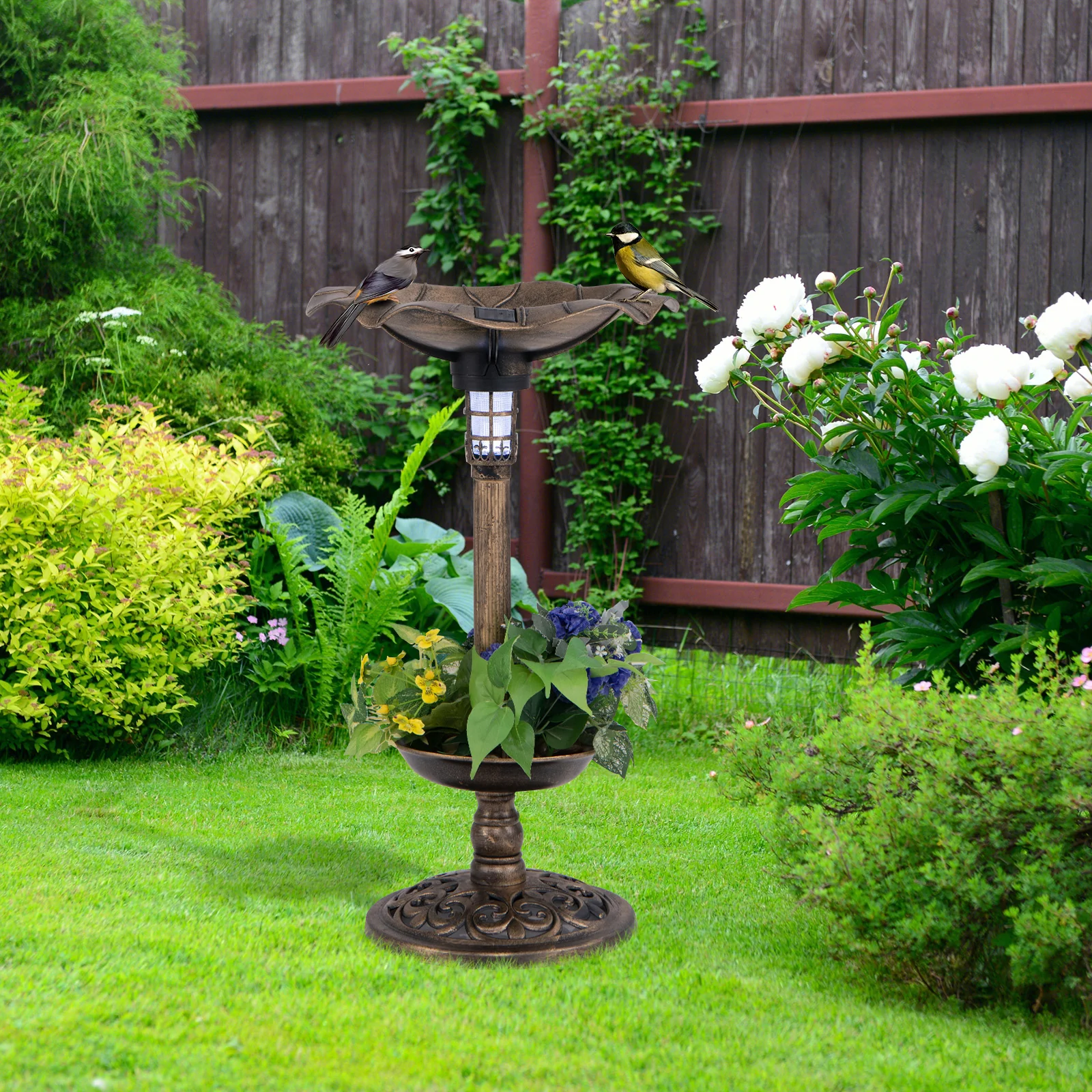 Standing Pedestal Birdbath Feeder, Lotus Leaf Bowl, Bronze - Image 3