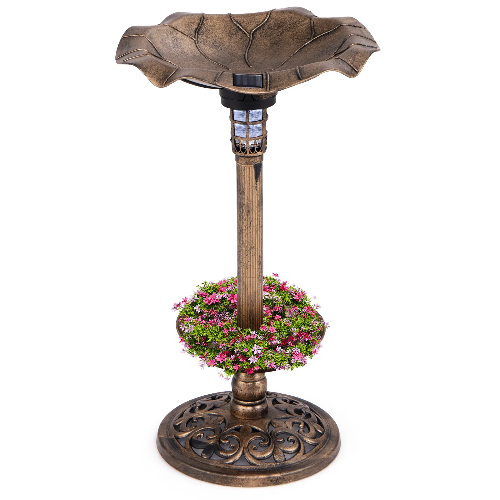 Standing Pedestal Birdbath Feeder, Lotus Leaf Bowl, Bronze - Image 4