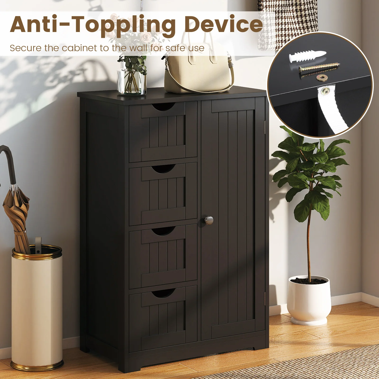 Standing Wooden Cabinet, 4 Drawers, Black - Image 10