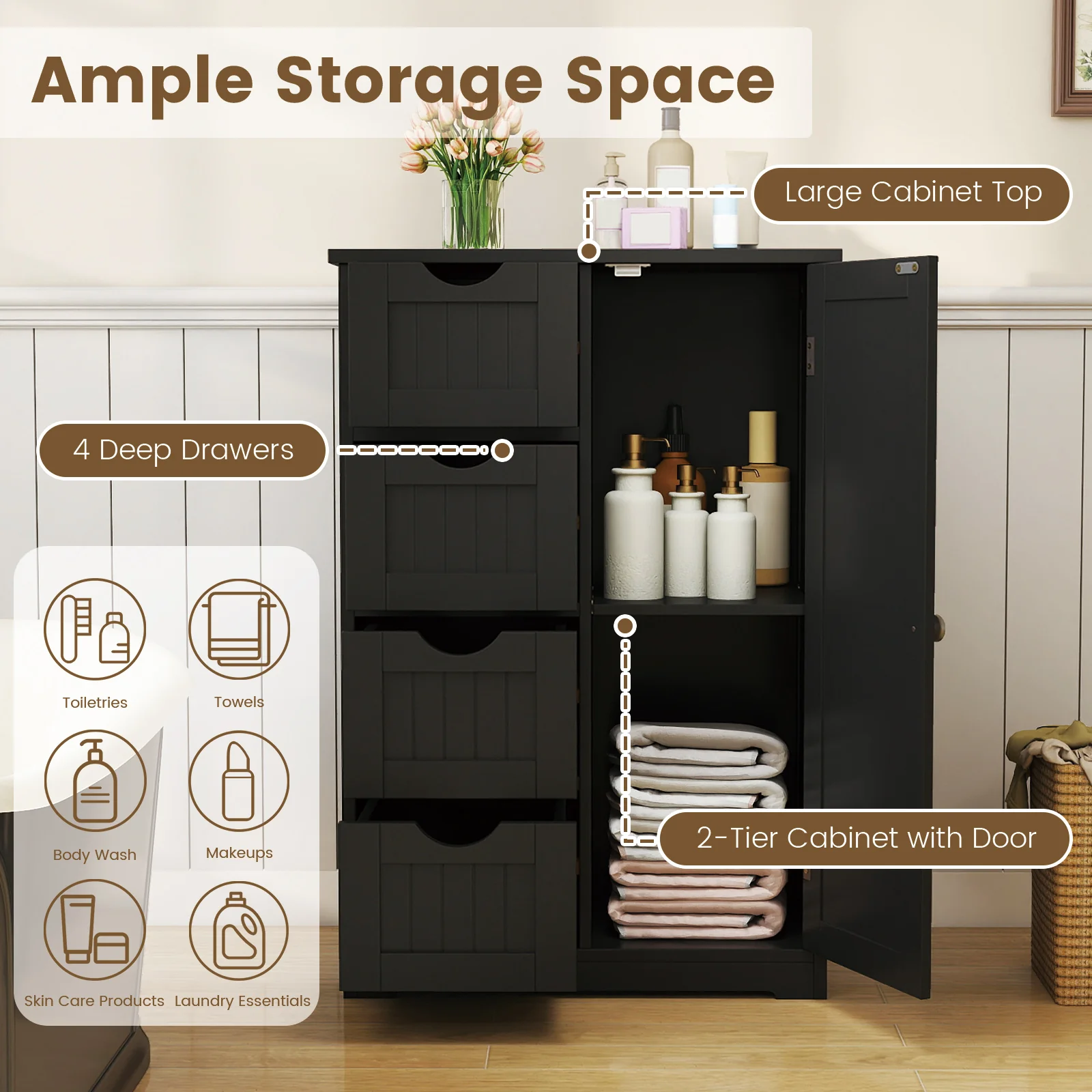 Standing Wooden Cabinet, 4 Drawers, Black - Image 8