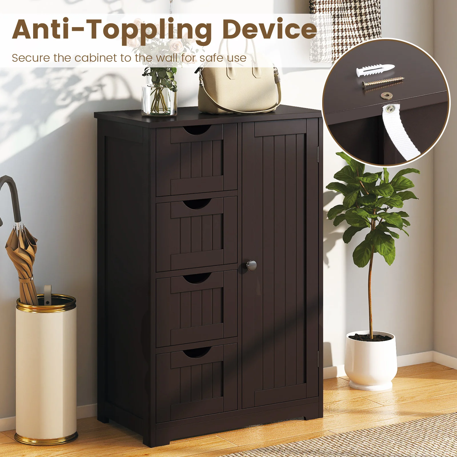 Standing Wooden Cabinet, 4 Drawers, Brown - Image 10