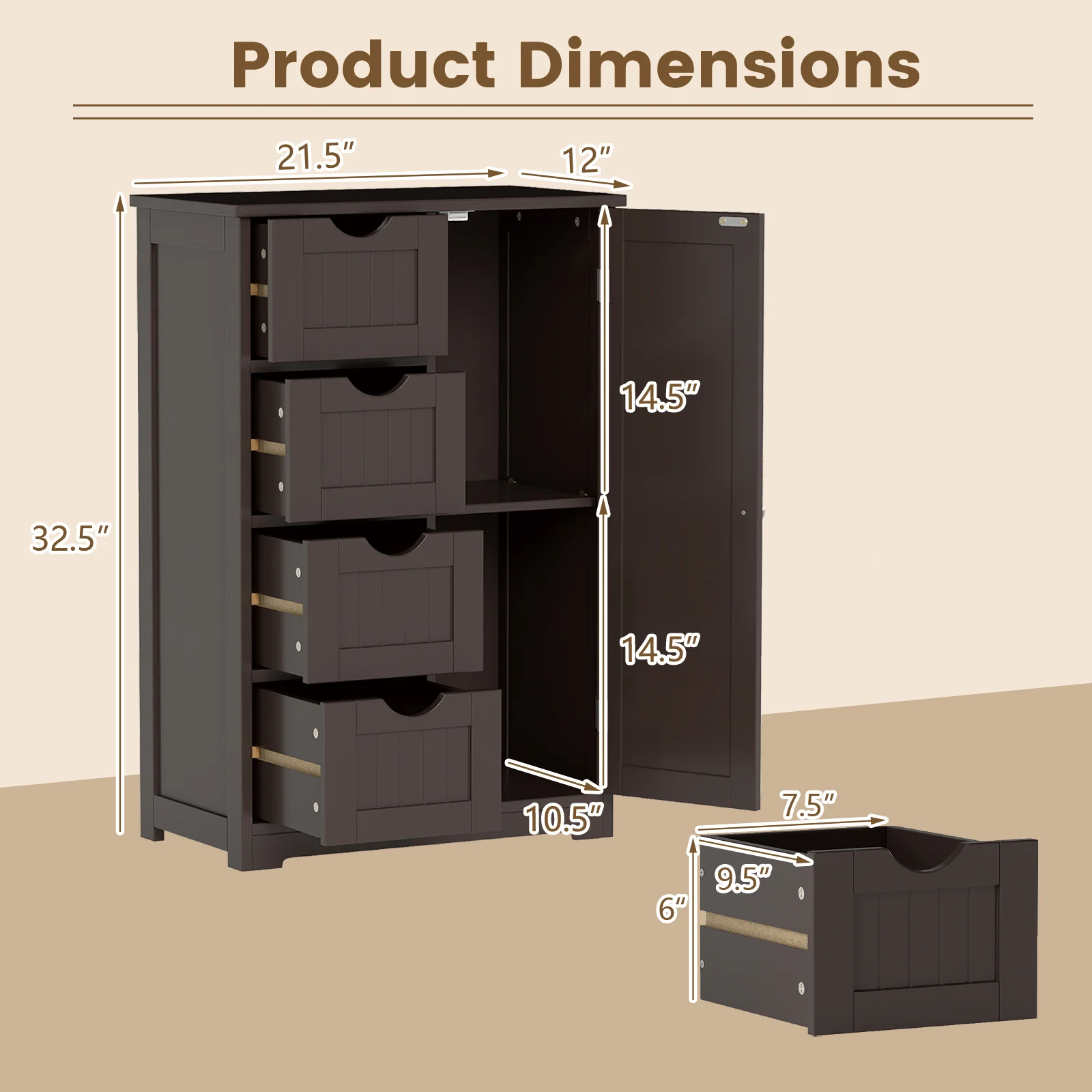 Standing Wooden Cabinet, 4 Drawers, Brown - Image 6