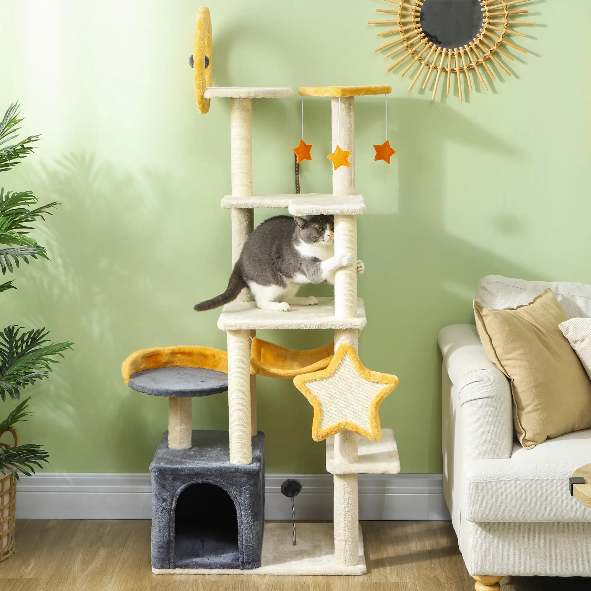Star Moon Cat Tree, Scratching Posts, Condo, Bed, Toys, Beige - Image 2