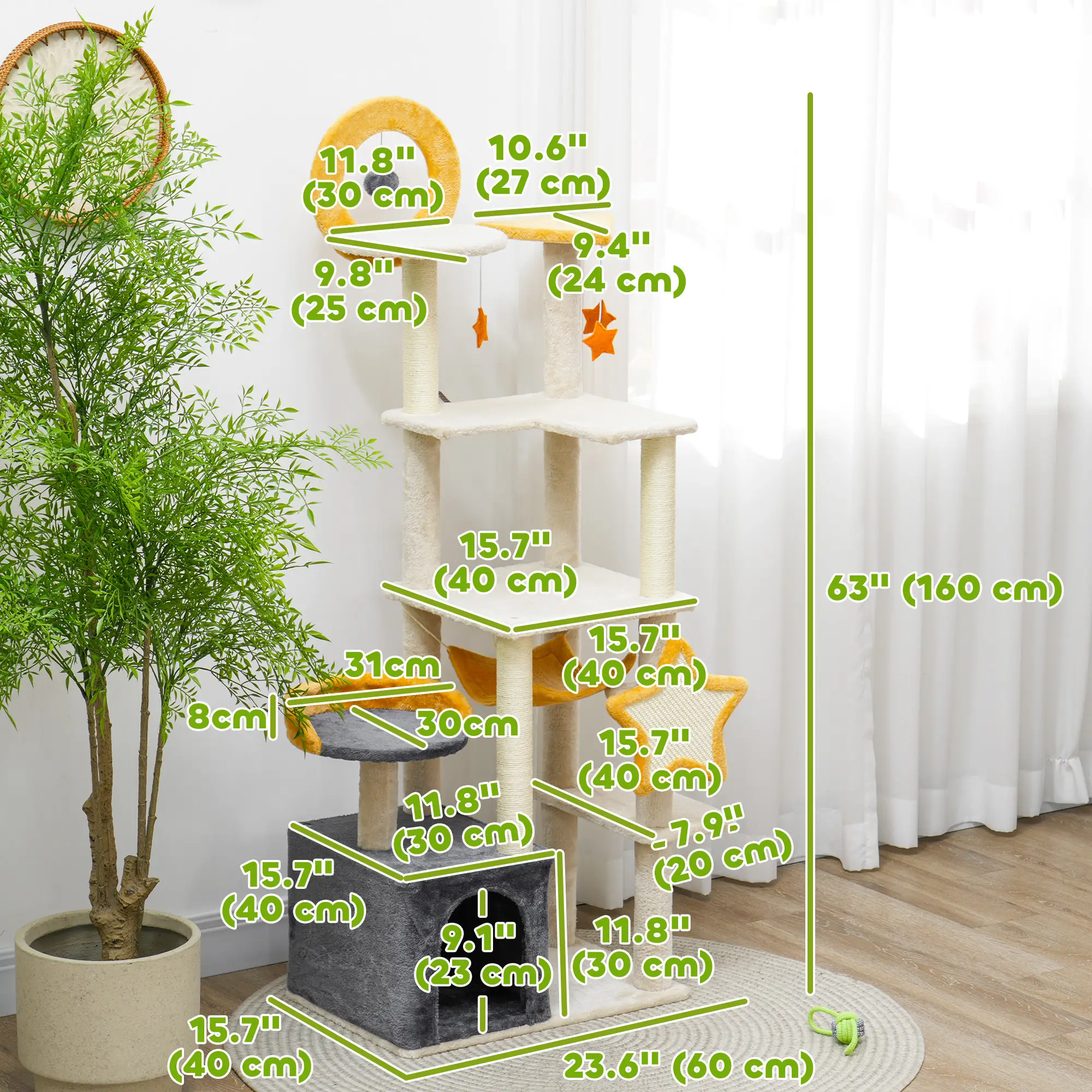 Star Moon Cat Tree, Scratching Posts, Condo, Bed, Toys, Beige - Image 3