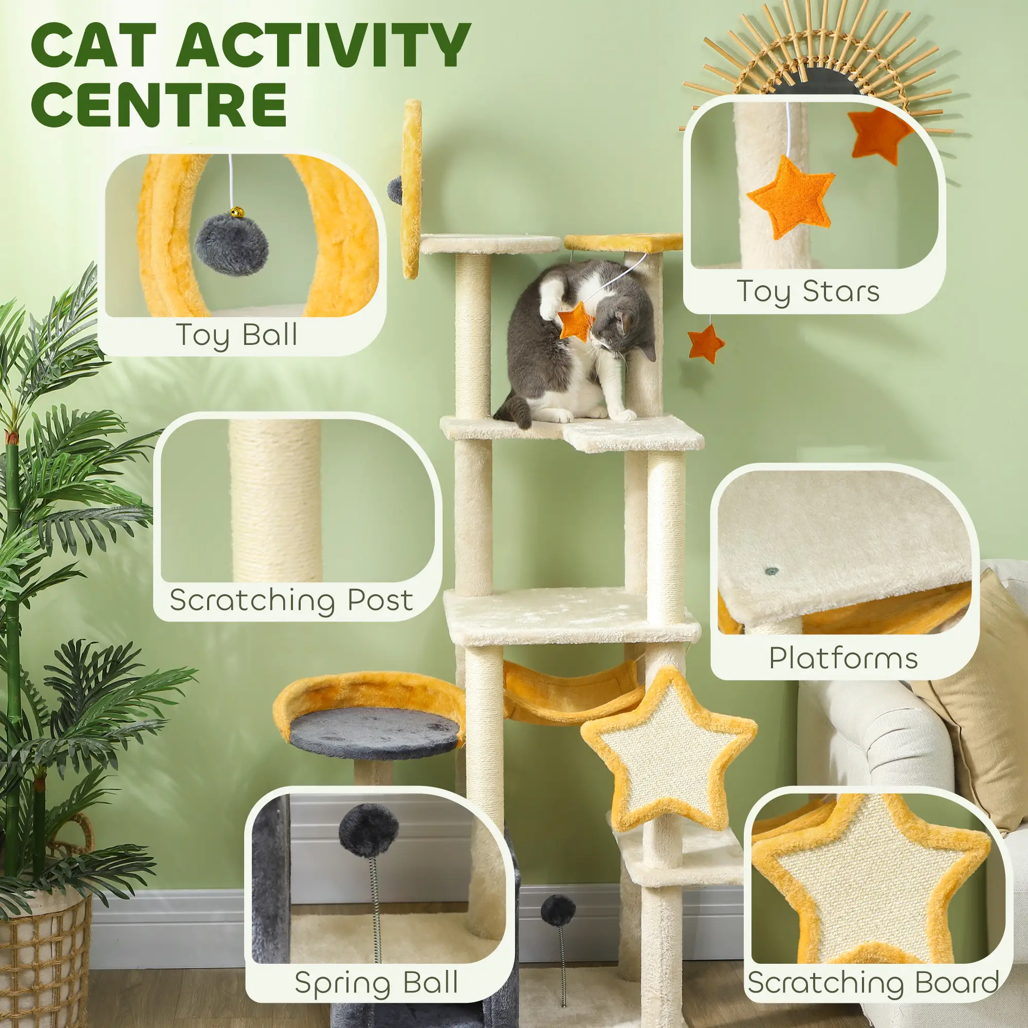 Star Moon Cat Tree, Scratching Posts, Condo, Bed, Toys, Beige - Image 4