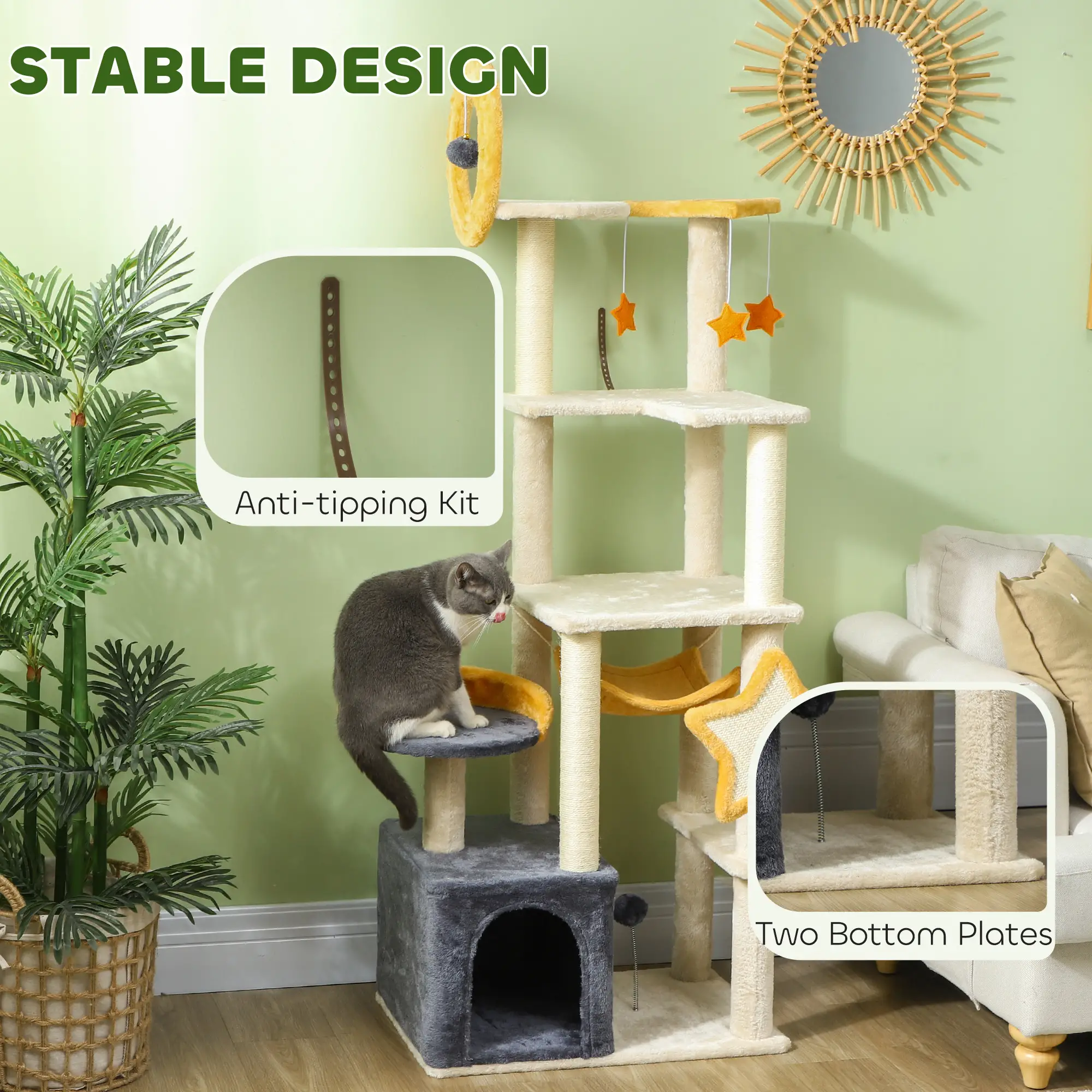 Star Moon Cat Tree, Scratching Posts, Condo, Bed, Toys, Beige - Image 7