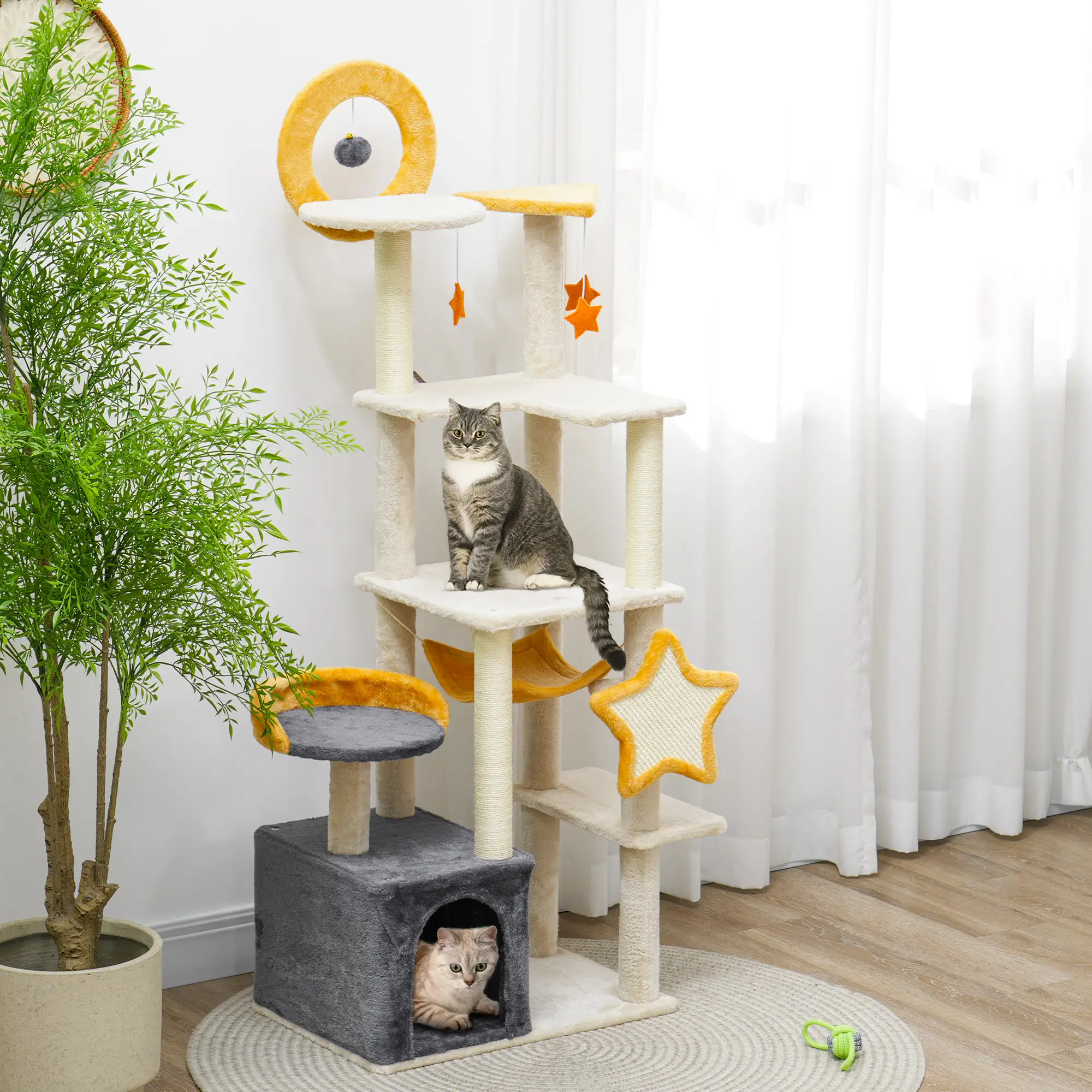 Star Moon Cat Tree, Scratching Posts, Condo, Bed, Toys, Beige - Image 8