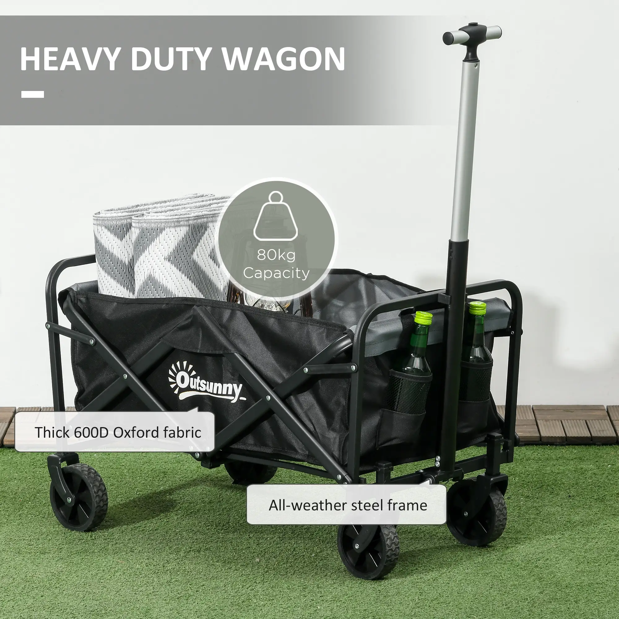 Steel Frame Folding Garden Cart, Collapsible Wagon, Telescopic Handle - Image 6