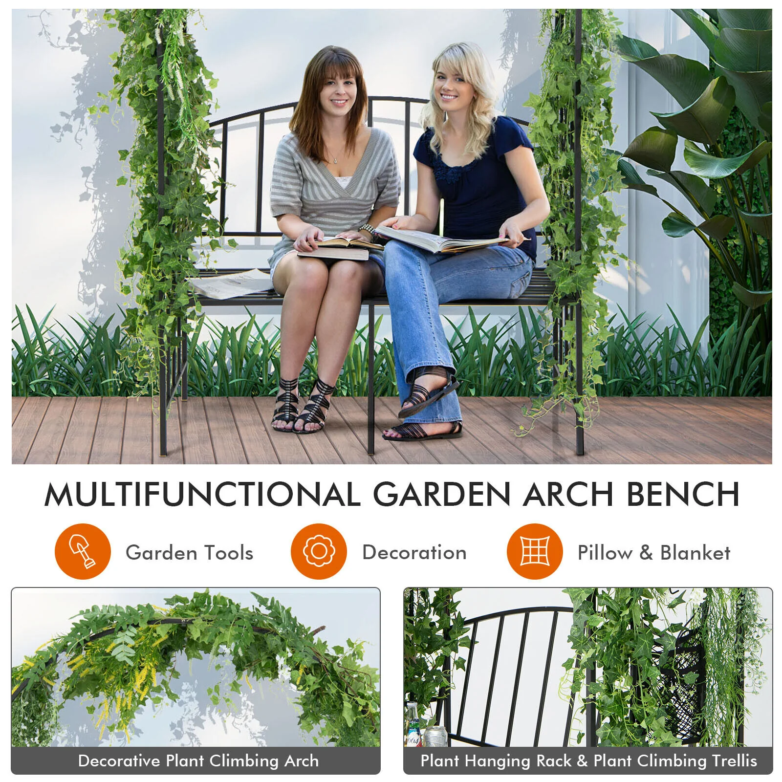 Steel Garden Arch With 2-Seat Bench, Black - Image 10