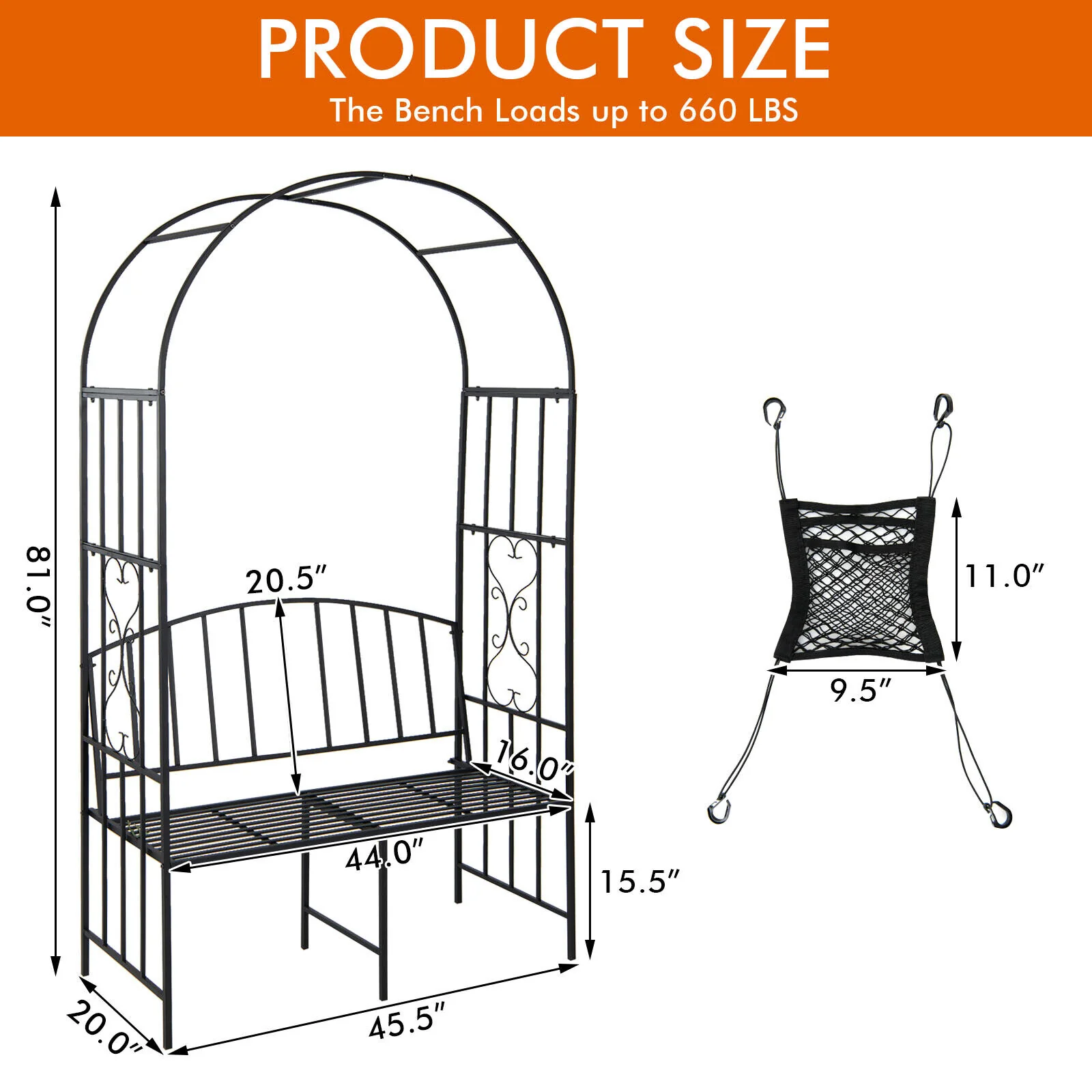 Steel Garden Arch With 2-Seat Bench, Black - Image 5