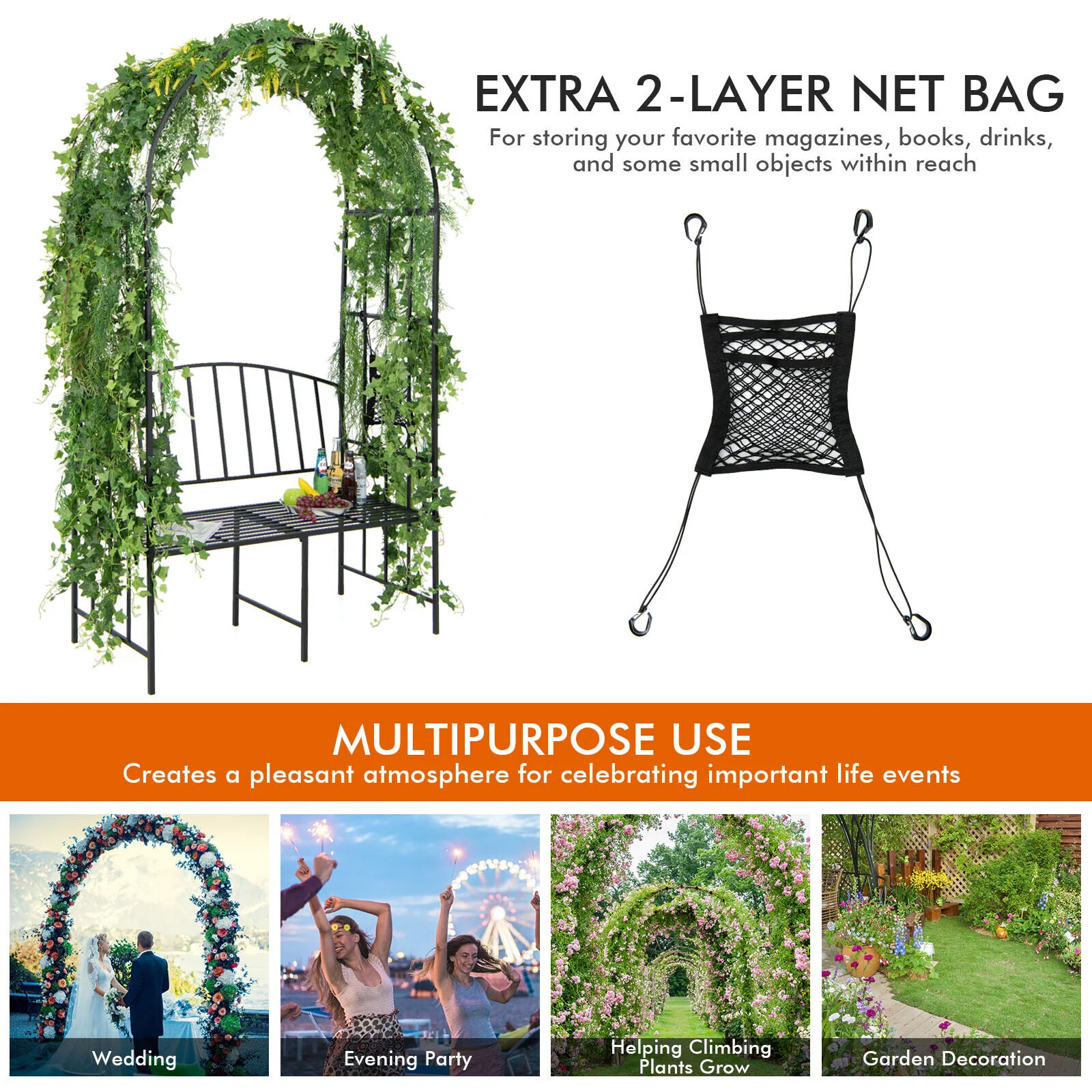 Steel Garden Arch With 2-Seat Bench, Black - Image 6