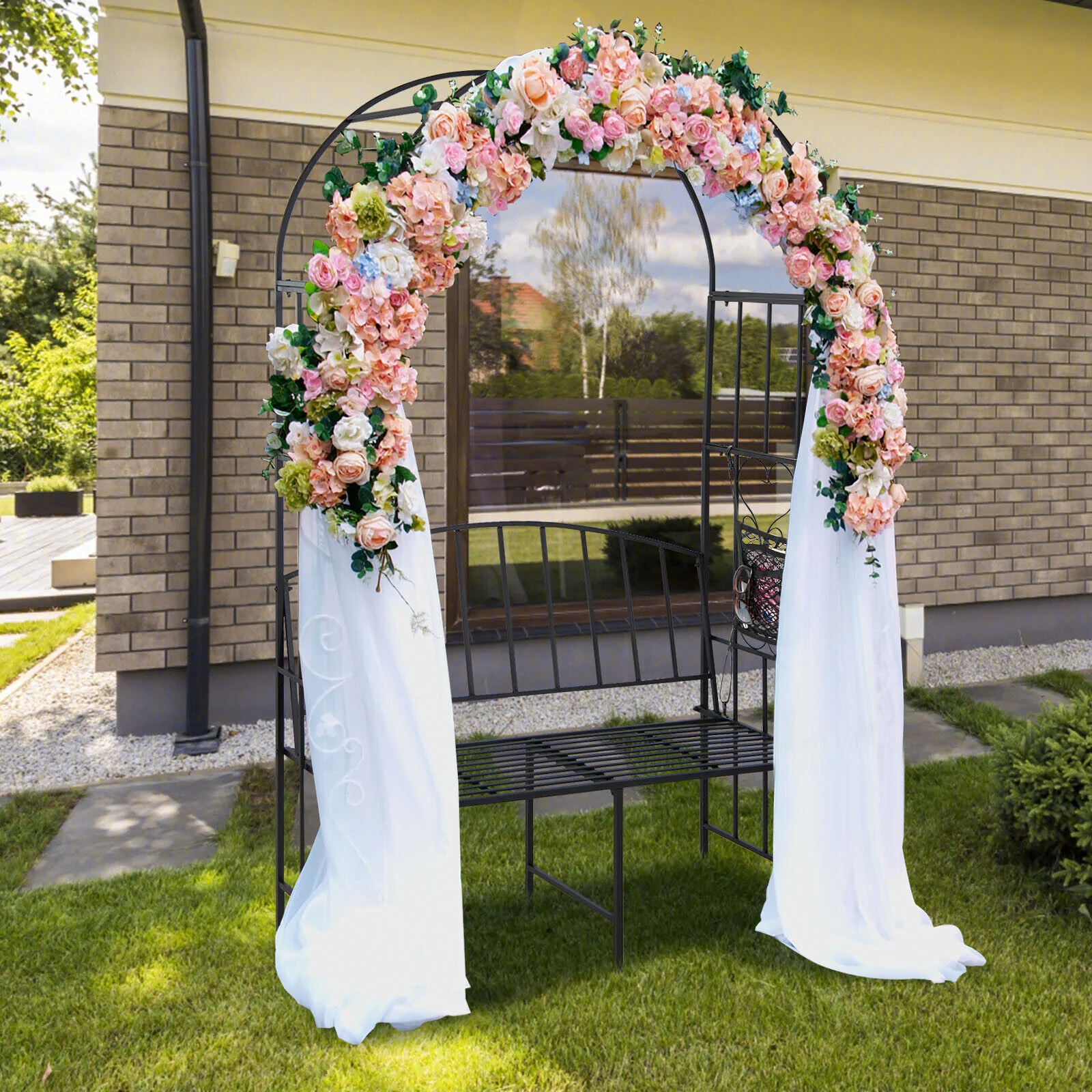 Steel Garden Arch With 2-Seat Bench, Black - Image 8