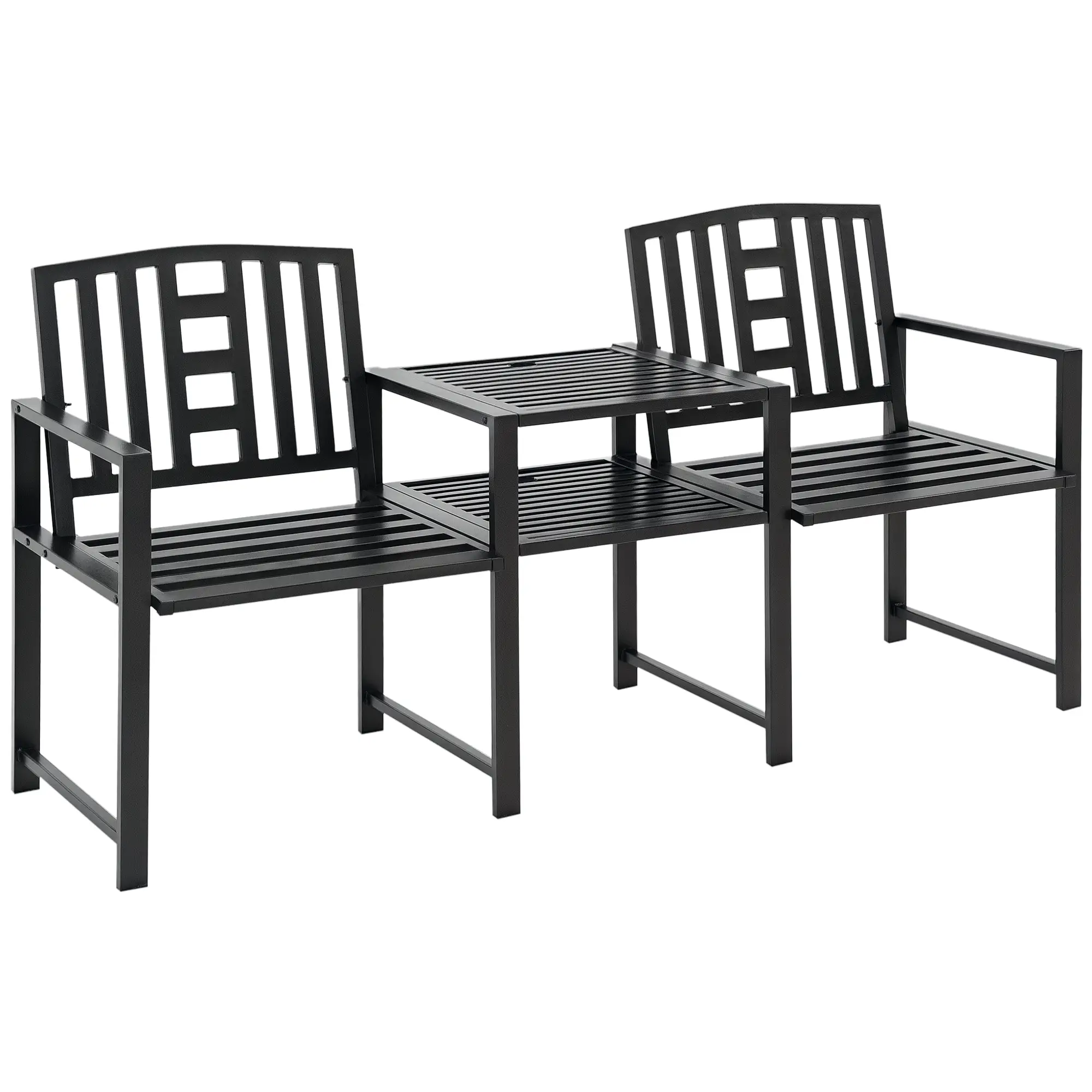 Steel Garden Bench With Middle Table, Umbrella Hole, Double Seat, Outdoor, Black