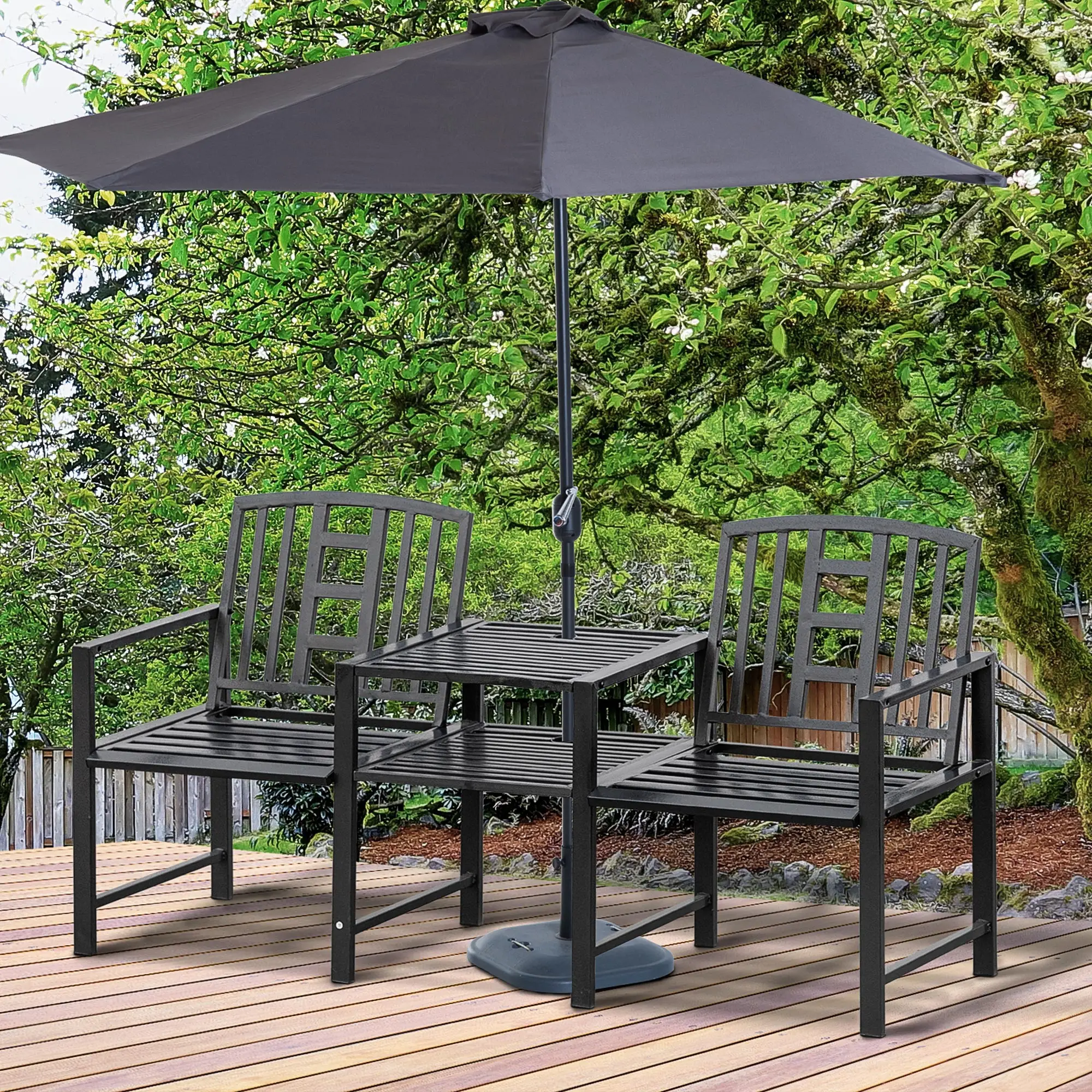 Steel Garden Bench With Middle Table, Umbrella Hole, Double Seat, Outdoor, Black - Image 2
