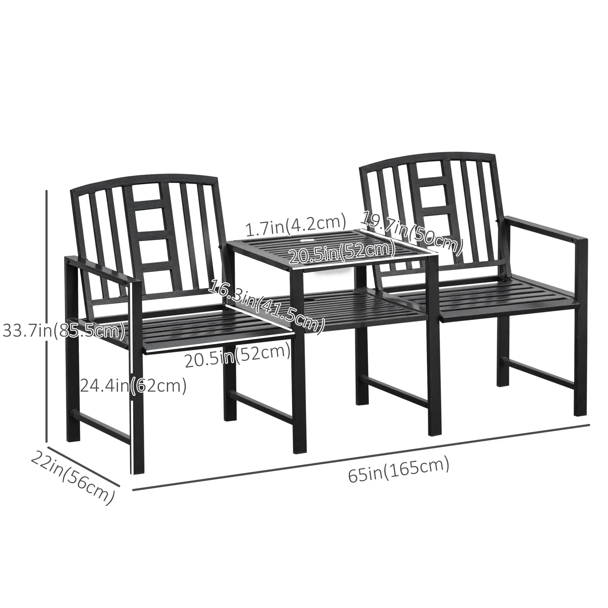 Steel Garden Bench With Middle Table, Umbrella Hole, Double Seat, Outdoor, Black - Image 3