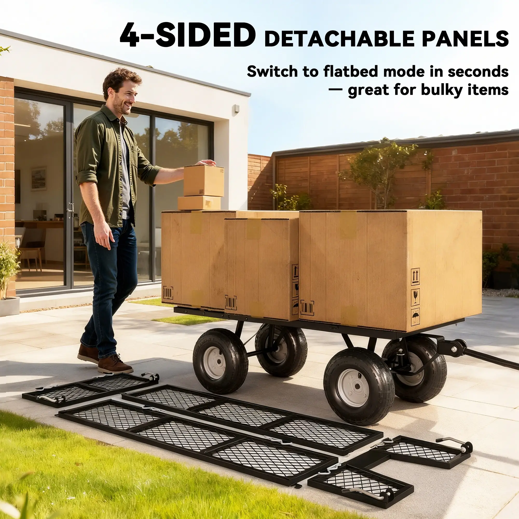 Steel Garden Cart, Utility Wagon, Removable Liner, Quick-Release Sides, 10" Wheels, 660lbs Capacity - Image 4