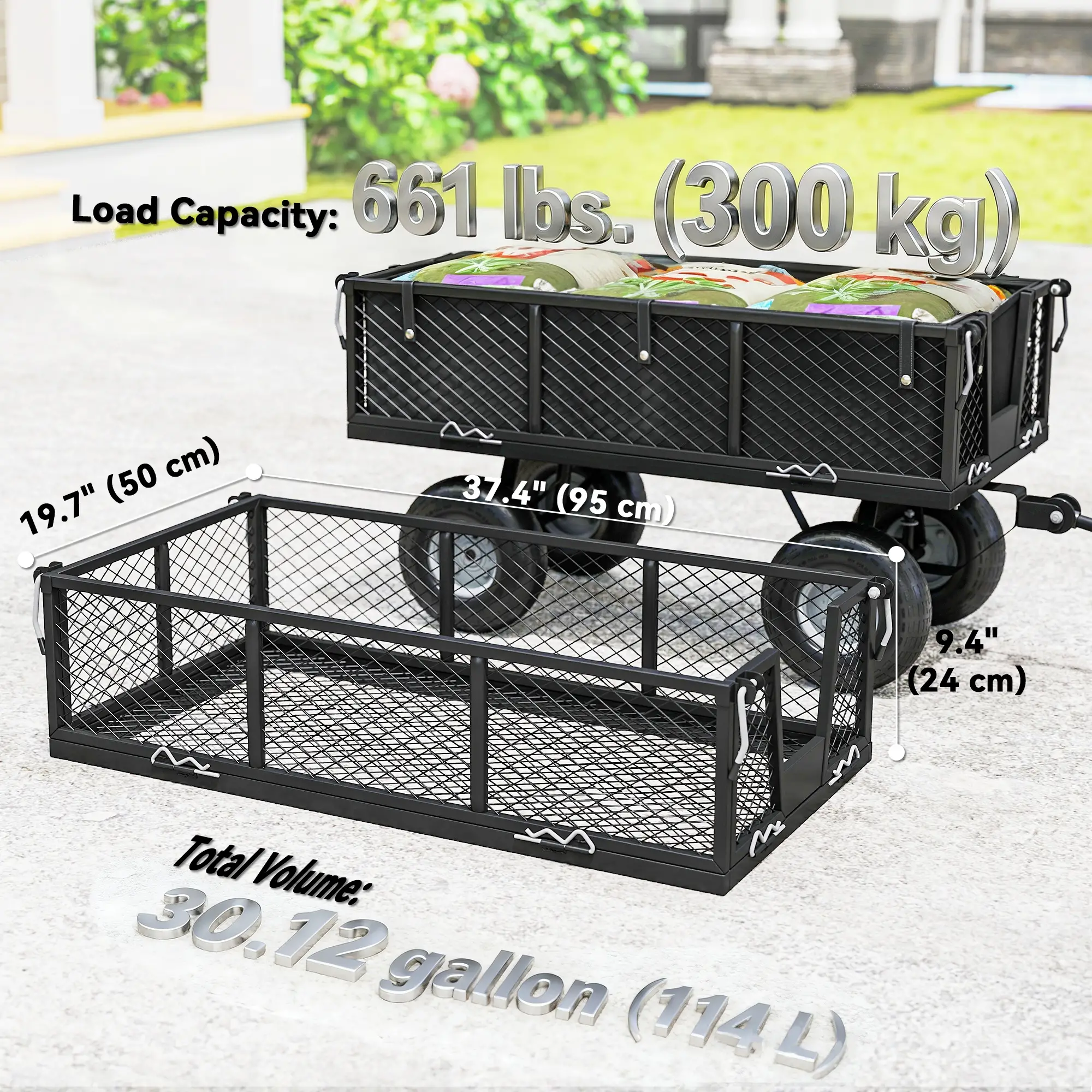 Steel Garden Cart, Utility Wagon, Removable Liner, Quick-Release Sides, 10" Wheels, 660lbs Capacity - Image 7