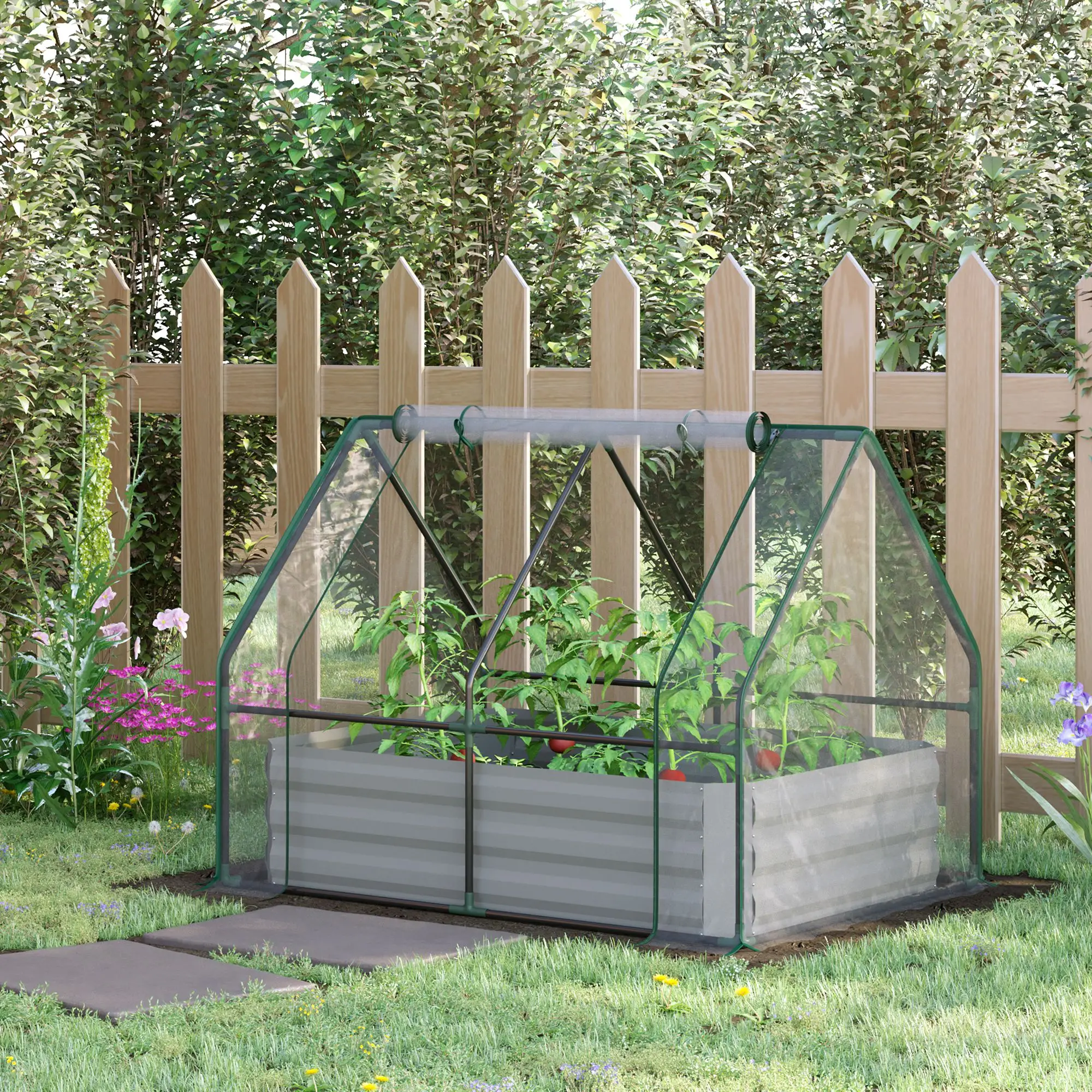 Steel Outdoor Raised Garden Bed, Greenhouse Cover, Roll Up Door, 50"x37.4"x36.2", Clear - Image 2