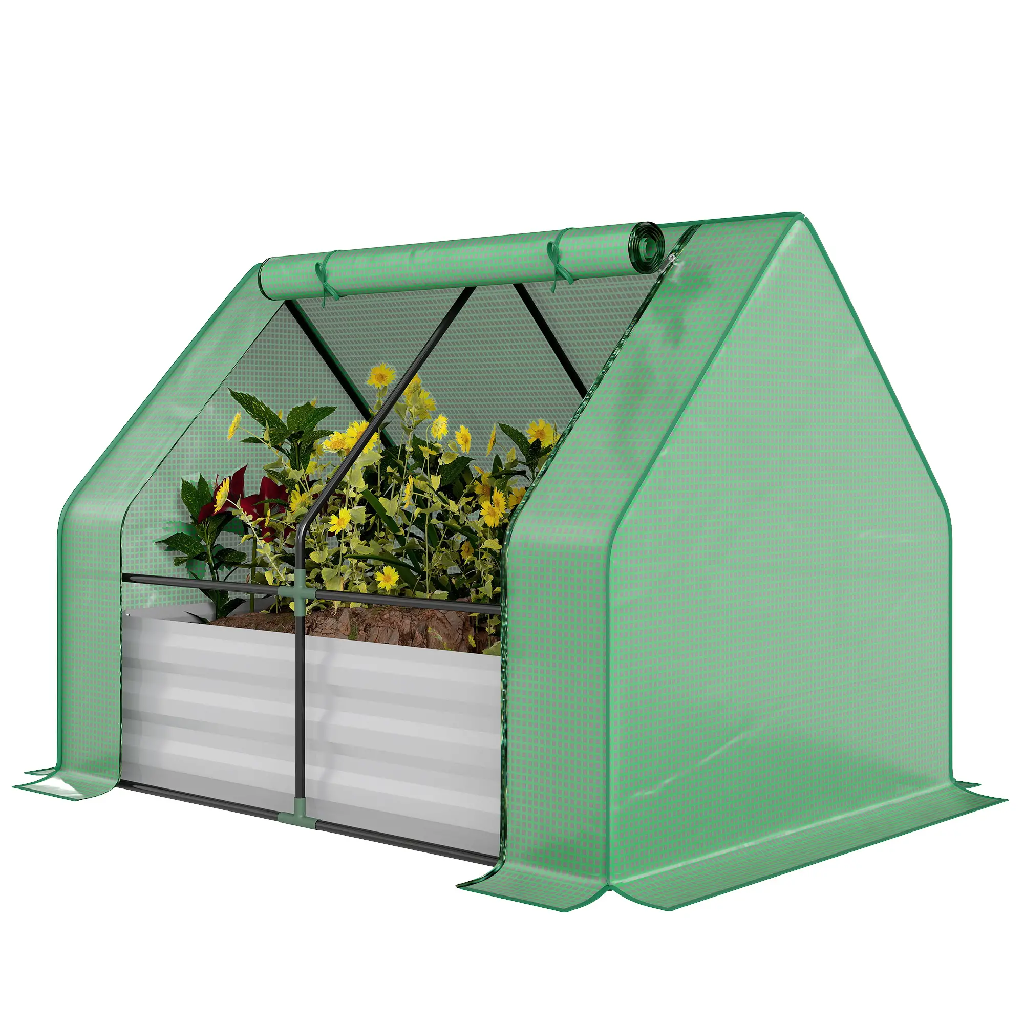 Steel Outdoor Raised Garden Bed with Greenhouse, Cover, 50"x37.4"x36.2", Green