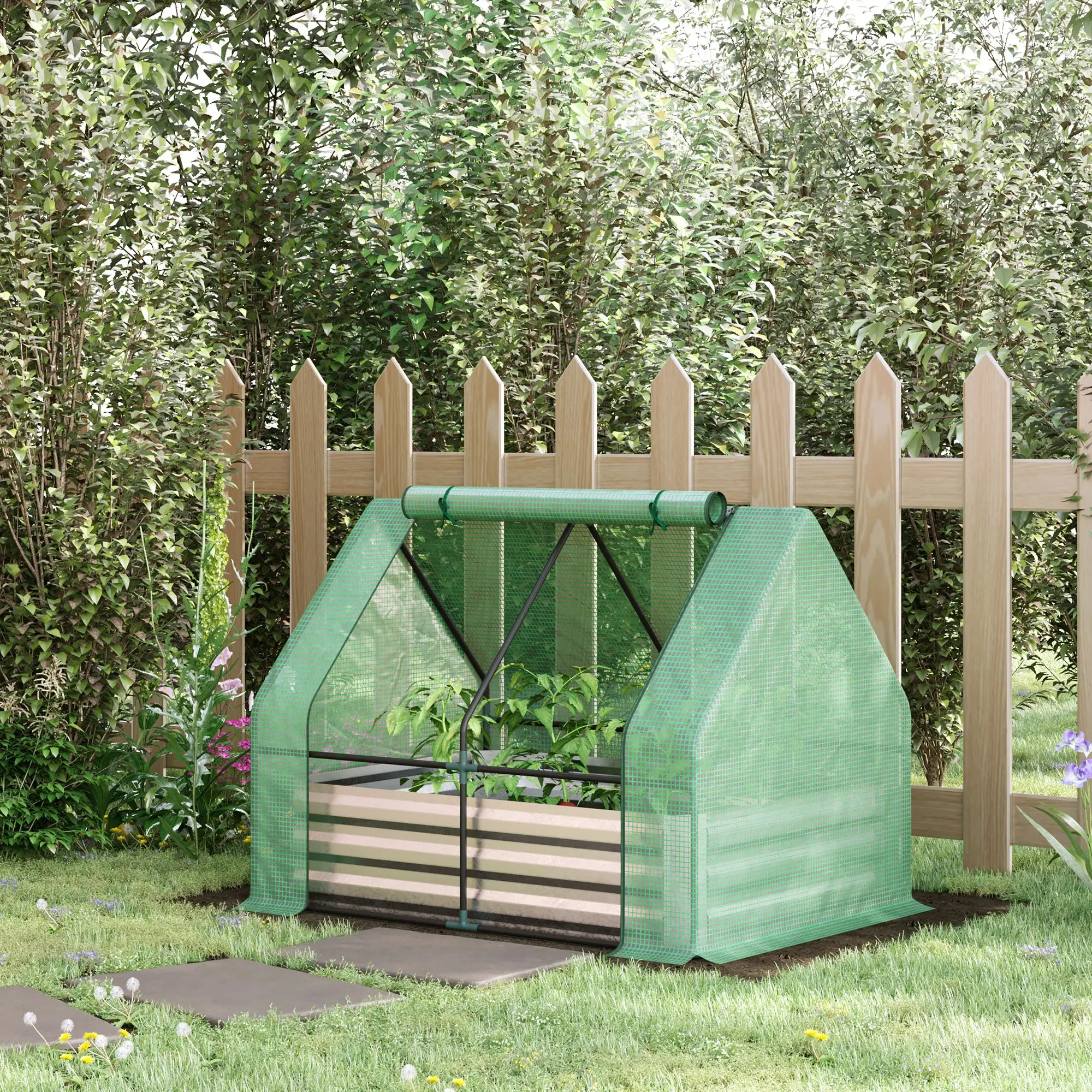 Steel Outdoor Raised Garden Bed with Greenhouse, Cover, 50"x37.4"x36.2", Green - Image 2