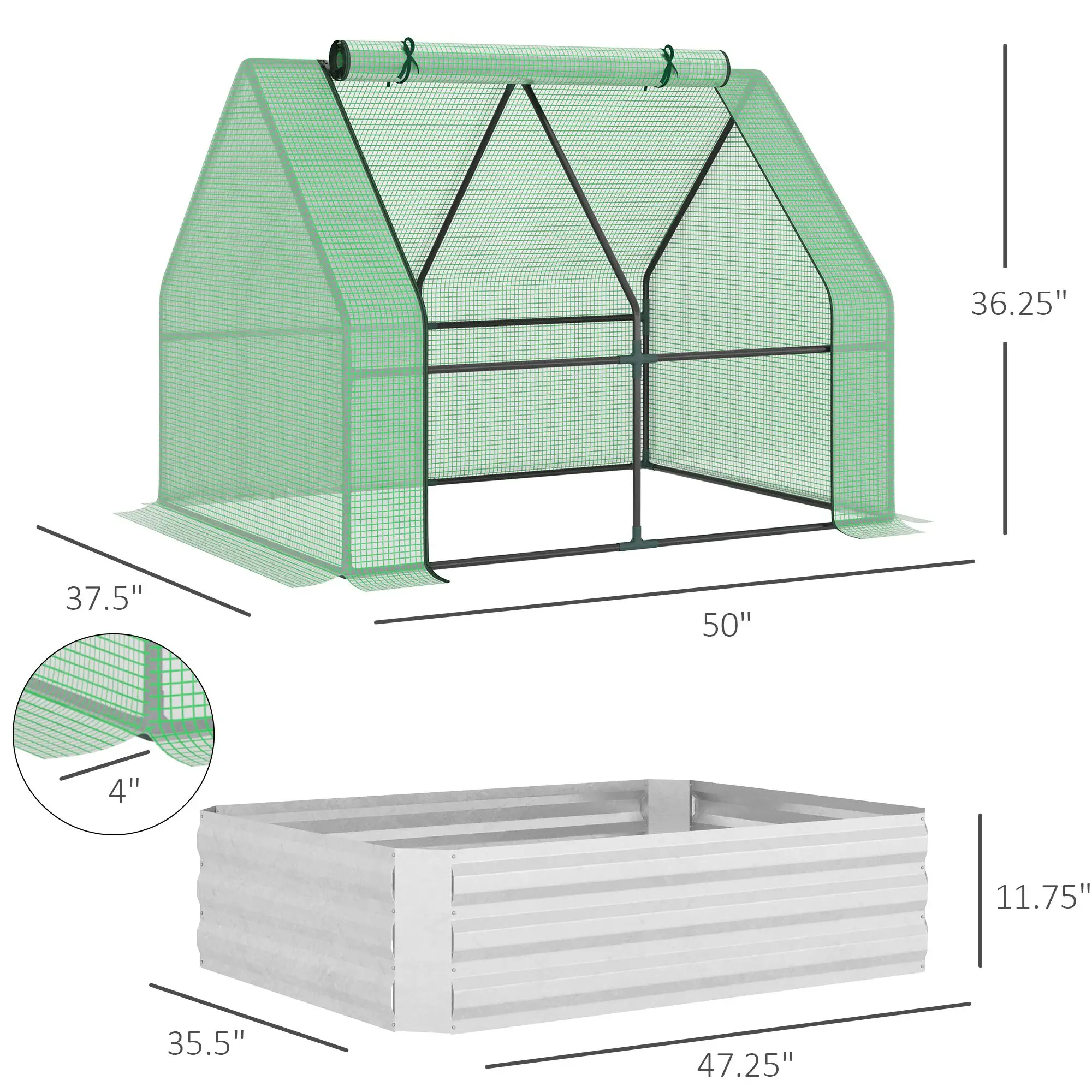 Steel Outdoor Raised Garden Bed with Greenhouse, Cover, 50"x37.4"x36.2", Green - Image 3
