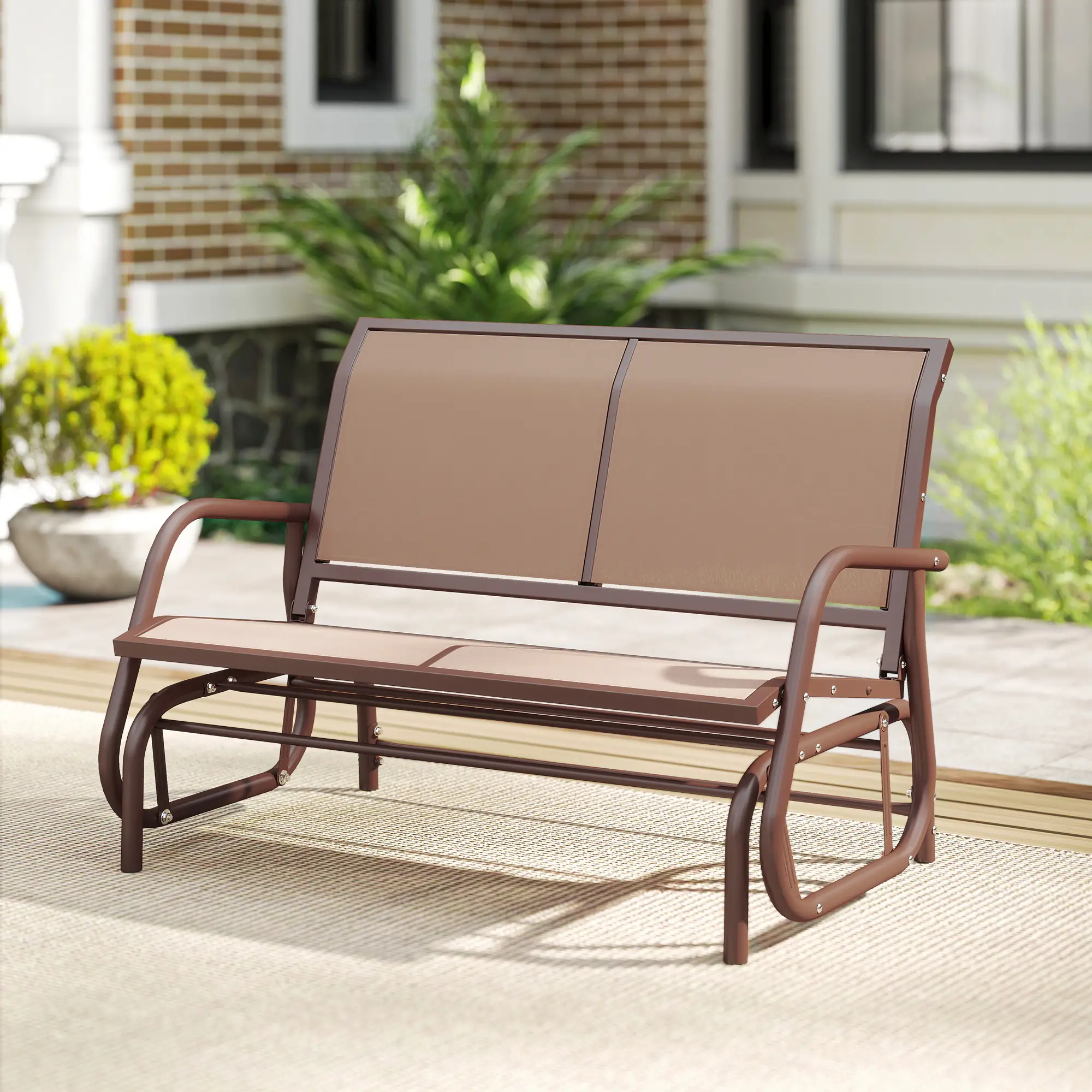 Steel Sling Fabric Gliding Bench, Outdoor Garden Swing Chair, Coffee Brown, Brown - Image 10