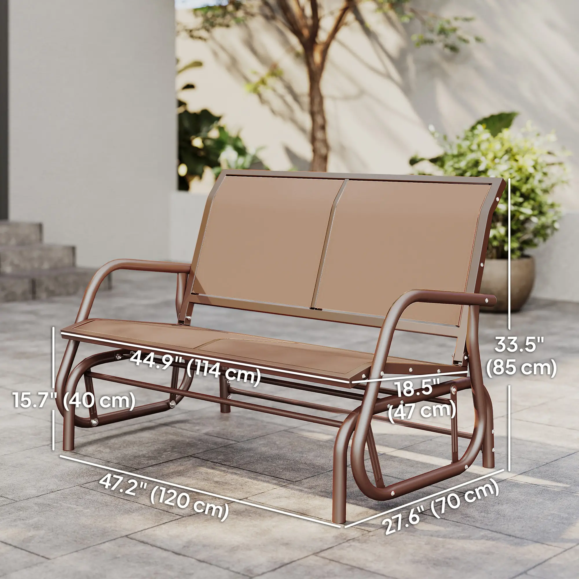 Steel Sling Fabric Gliding Bench, Outdoor Garden Swing Chair, Coffee Brown, Brown - Image 3