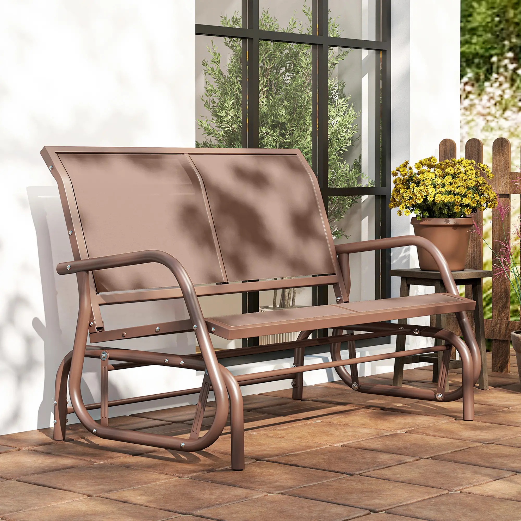 Steel Sling Fabric Gliding Bench, Outdoor Garden Swing Chair, Coffee Brown, Brown - Image 9