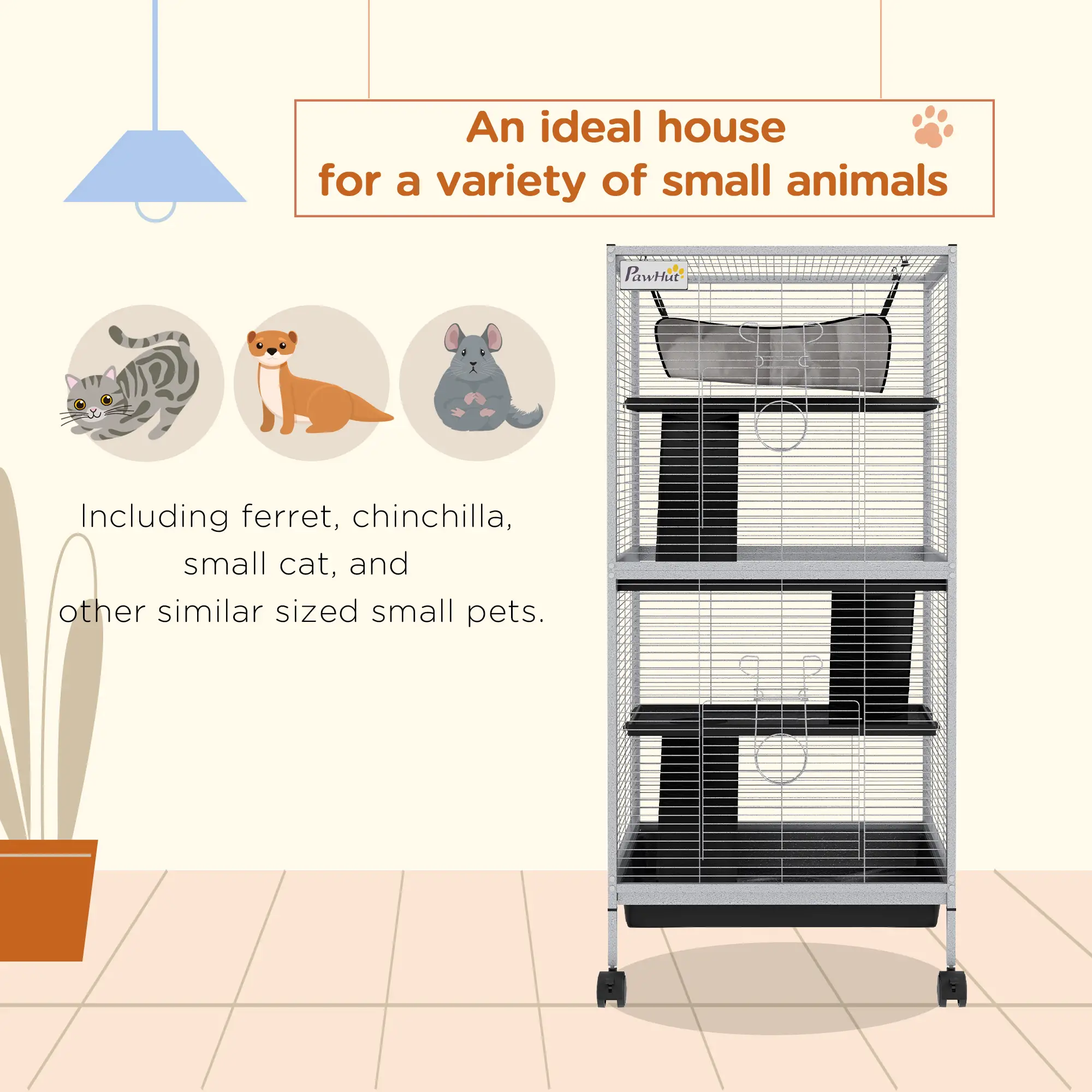 Steel Small Animal Cage, for Guinea Pig, Ferret, Light Grey - Image 4