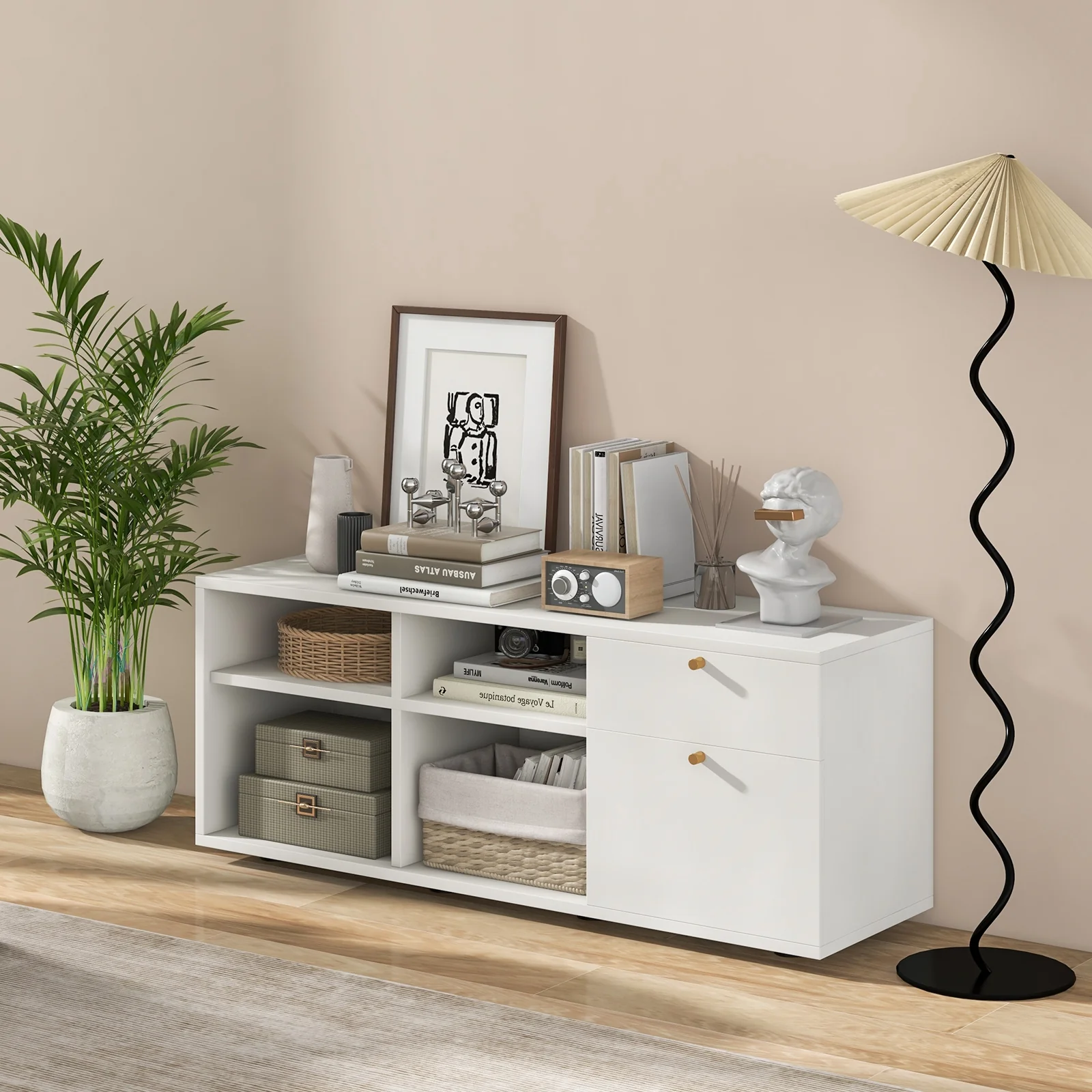 Storage Cabinet TV Console, 2 Drawers 4 Cubes, White - Image 2