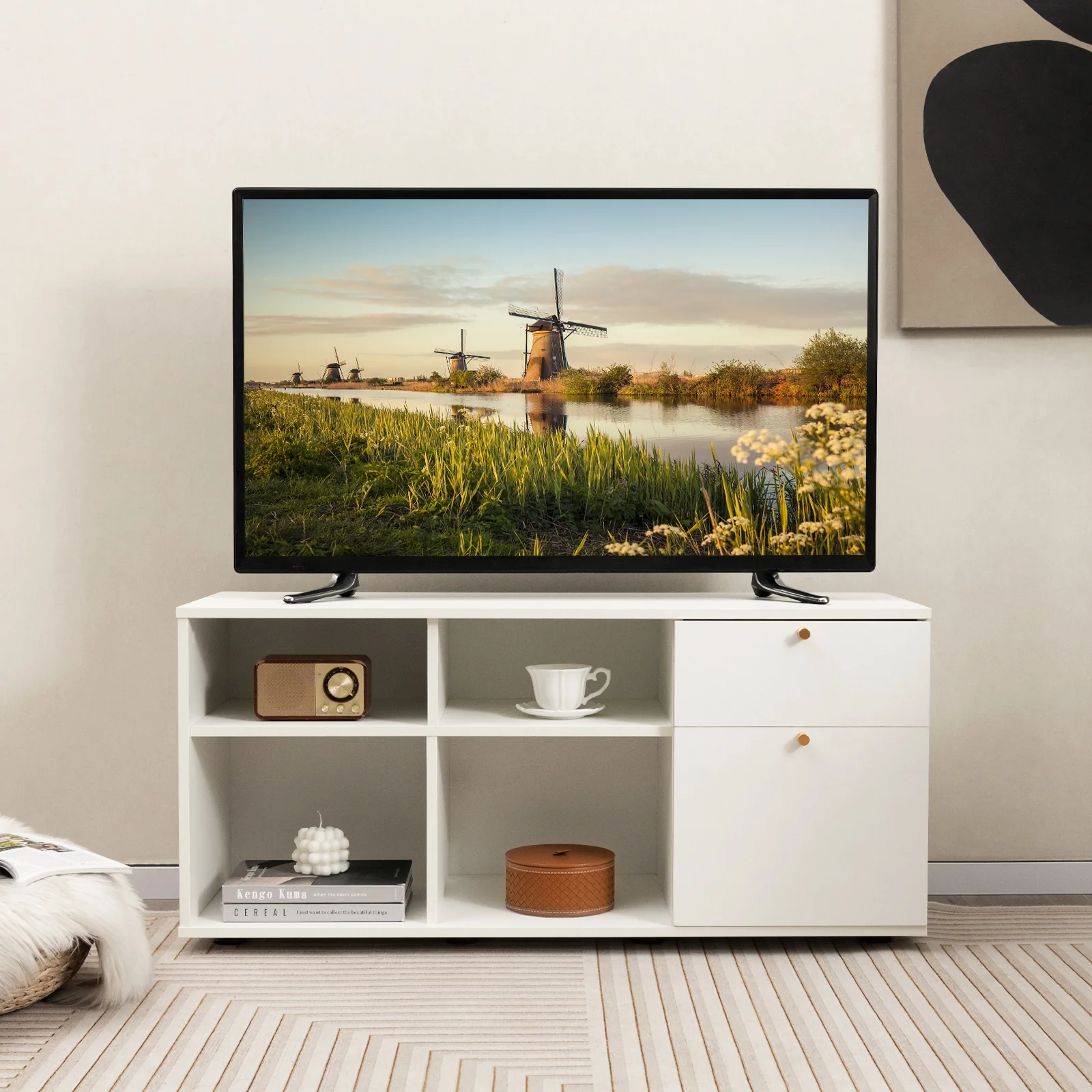 Storage Cabinet TV Console, 2 Drawers 4 Cubes, White - Image 3