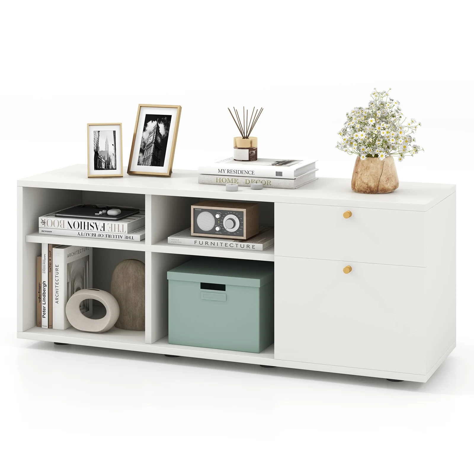 Storage Cabinet TV Console, 2 Drawers 4 Cubes, White - Image 5