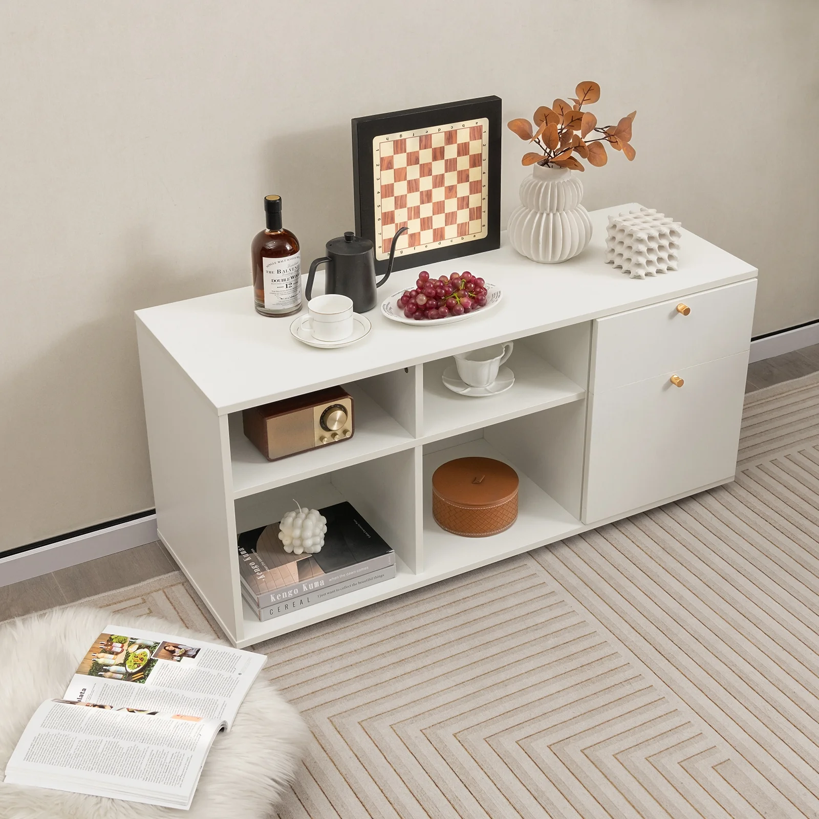 Storage Cabinet TV Console, 2 Drawers 4 Cubes, White - Image 7