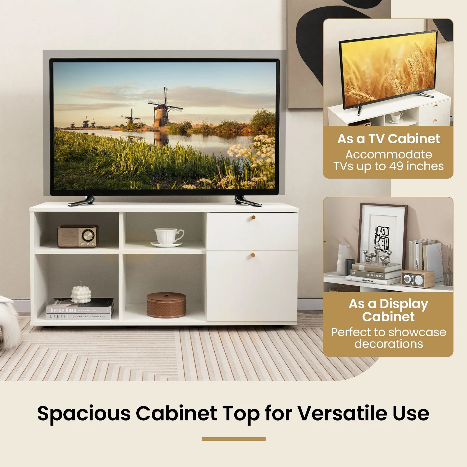 Storage Cabinet TV Console, 2 Drawers 4 Cubes, White - Image 8